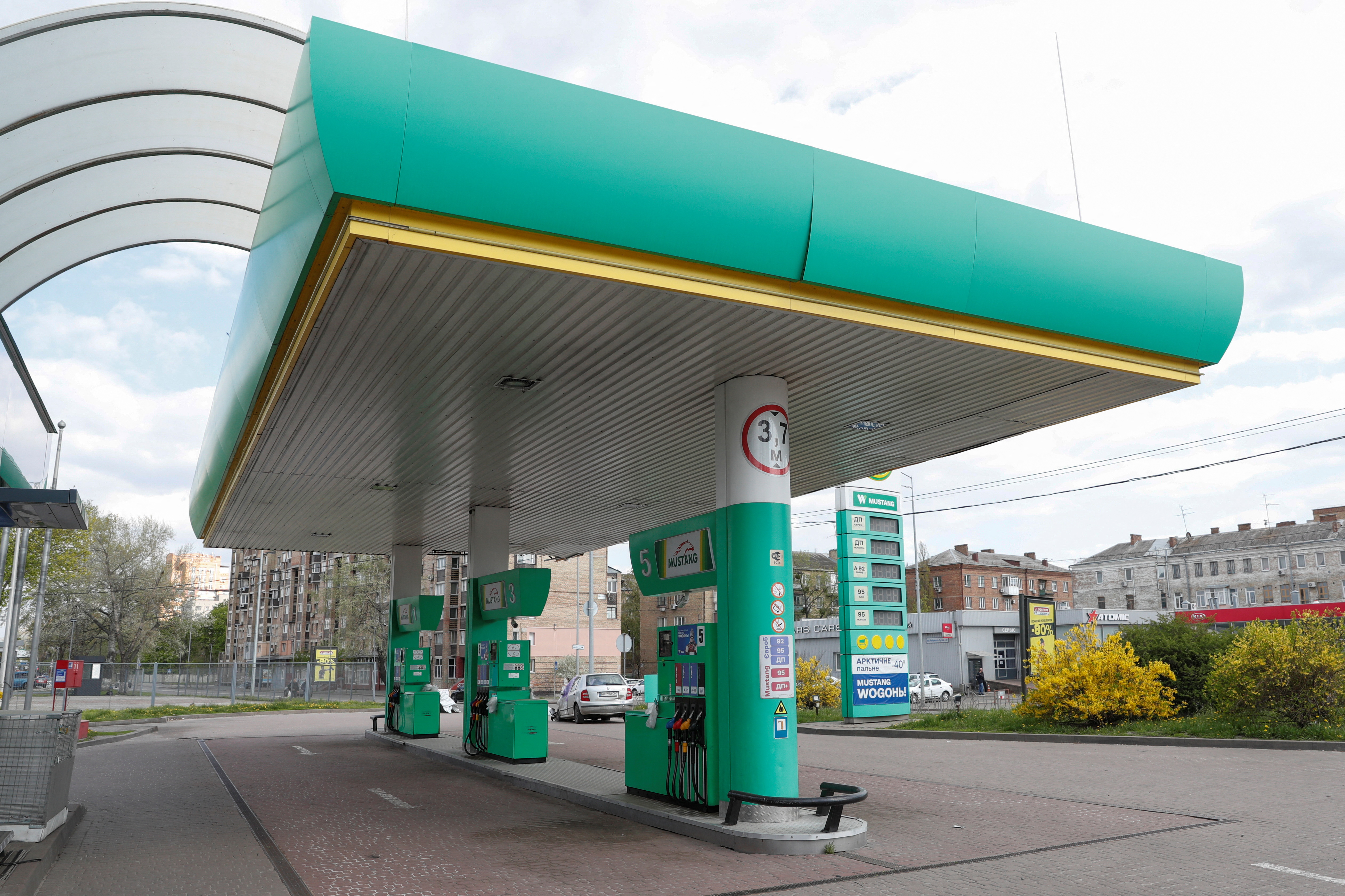 A view shows a closed petrol station in Kyiv