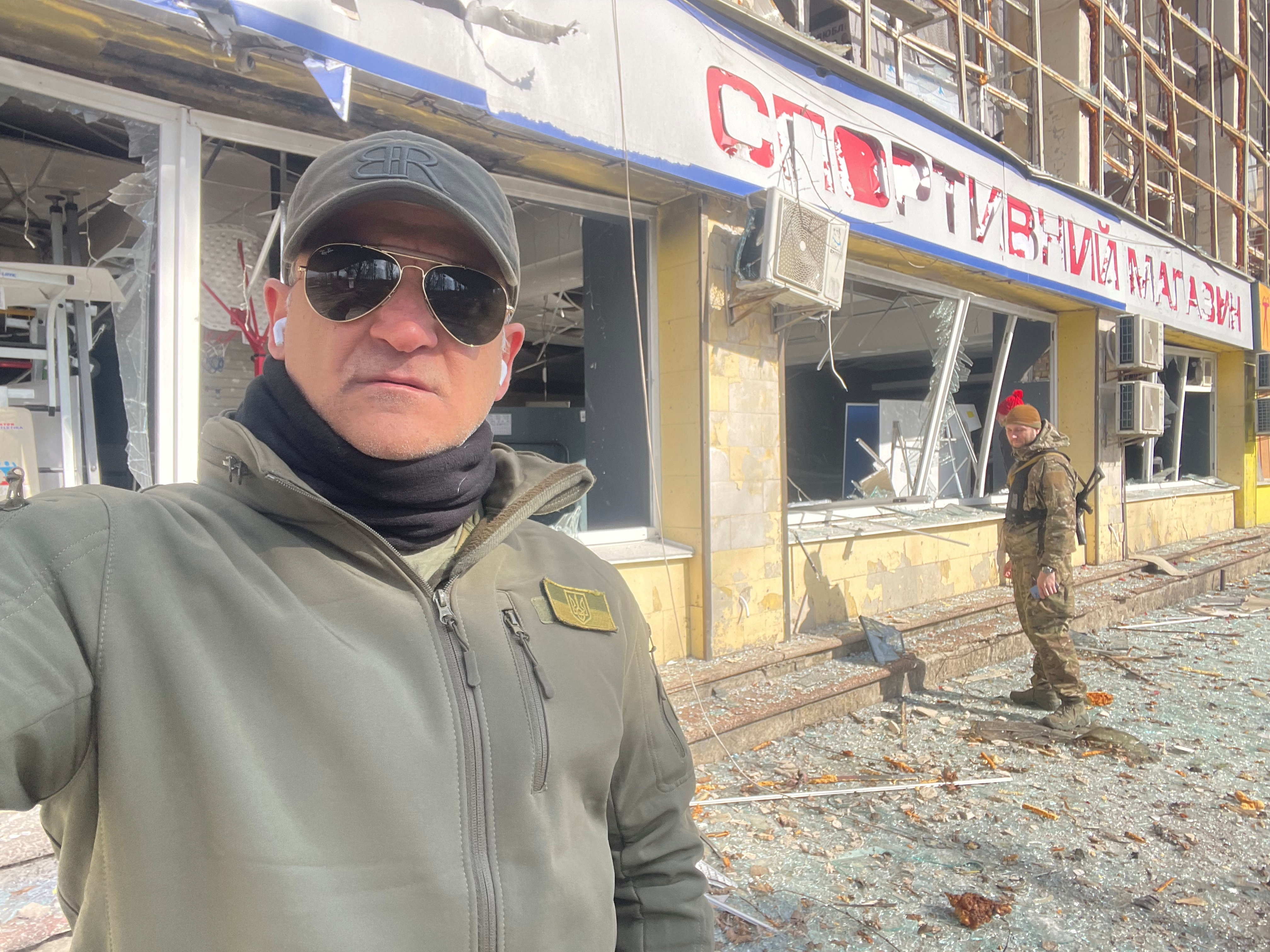 Iraqi-American Kurd Ballack takes selfie near TV tower that was hit in attacks in Kyiv