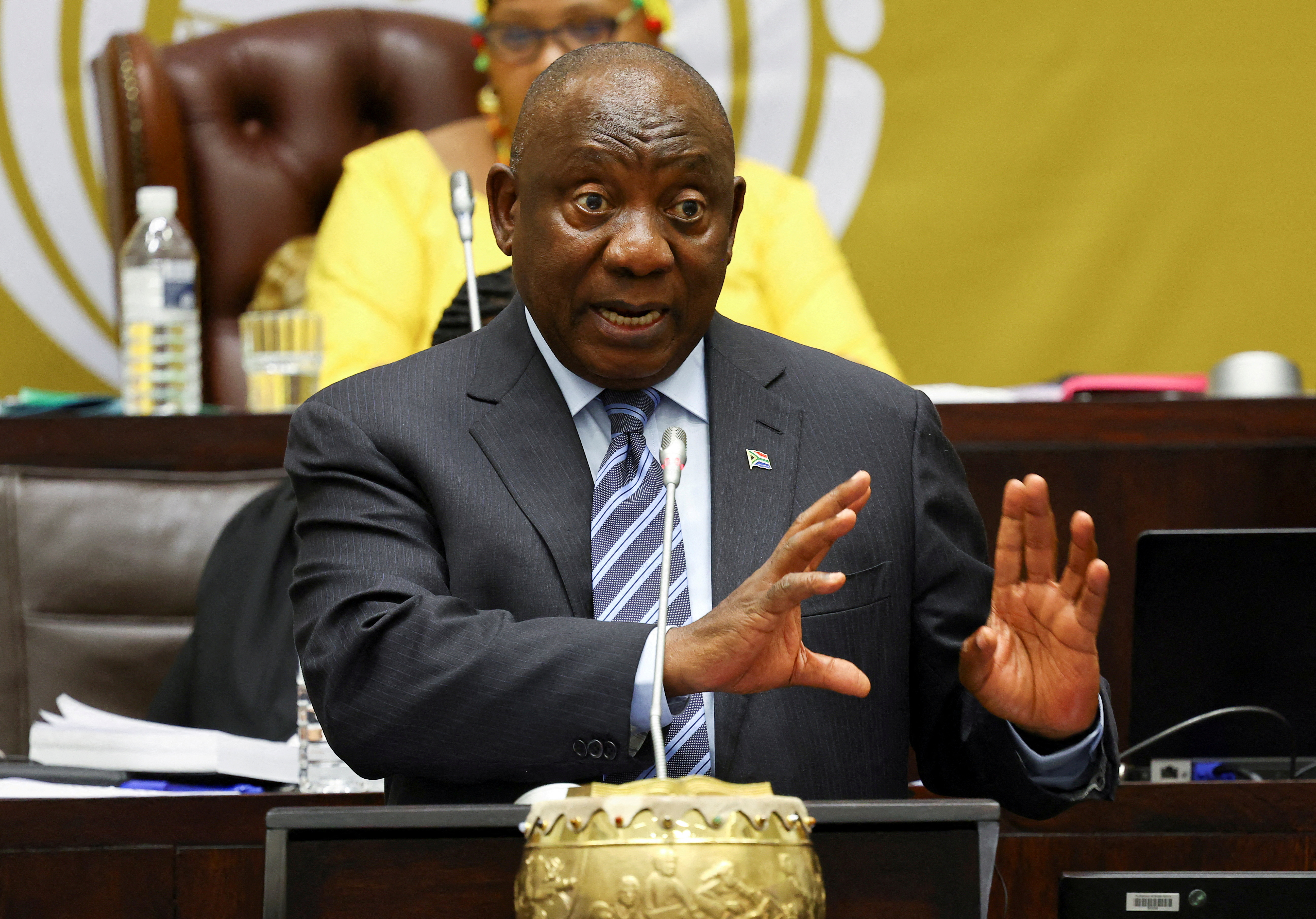 South African President Ramaphosa responds to questions in parliament, in Cape Town