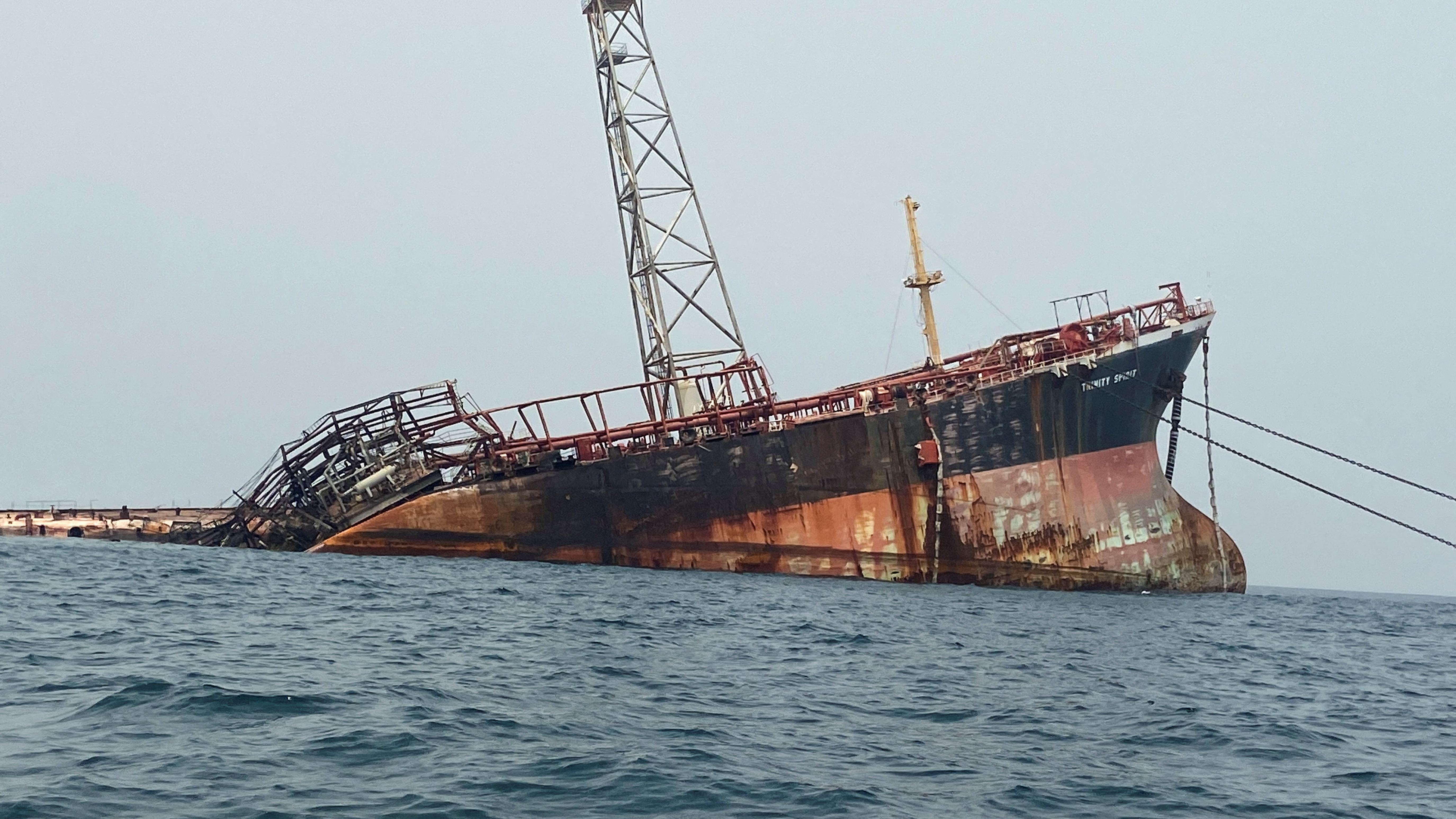 Wreckage of theTrinity Spirit floating production, storage and offloading (FPSO) vessel is seen after an explosion and fire broke out at Shebah Exploration & Production Company Ltd (SEPCOL) offshore production site on Wednesday, in Warri, Nigeria February 4, 2022. REUTERS/Tife Owolabi