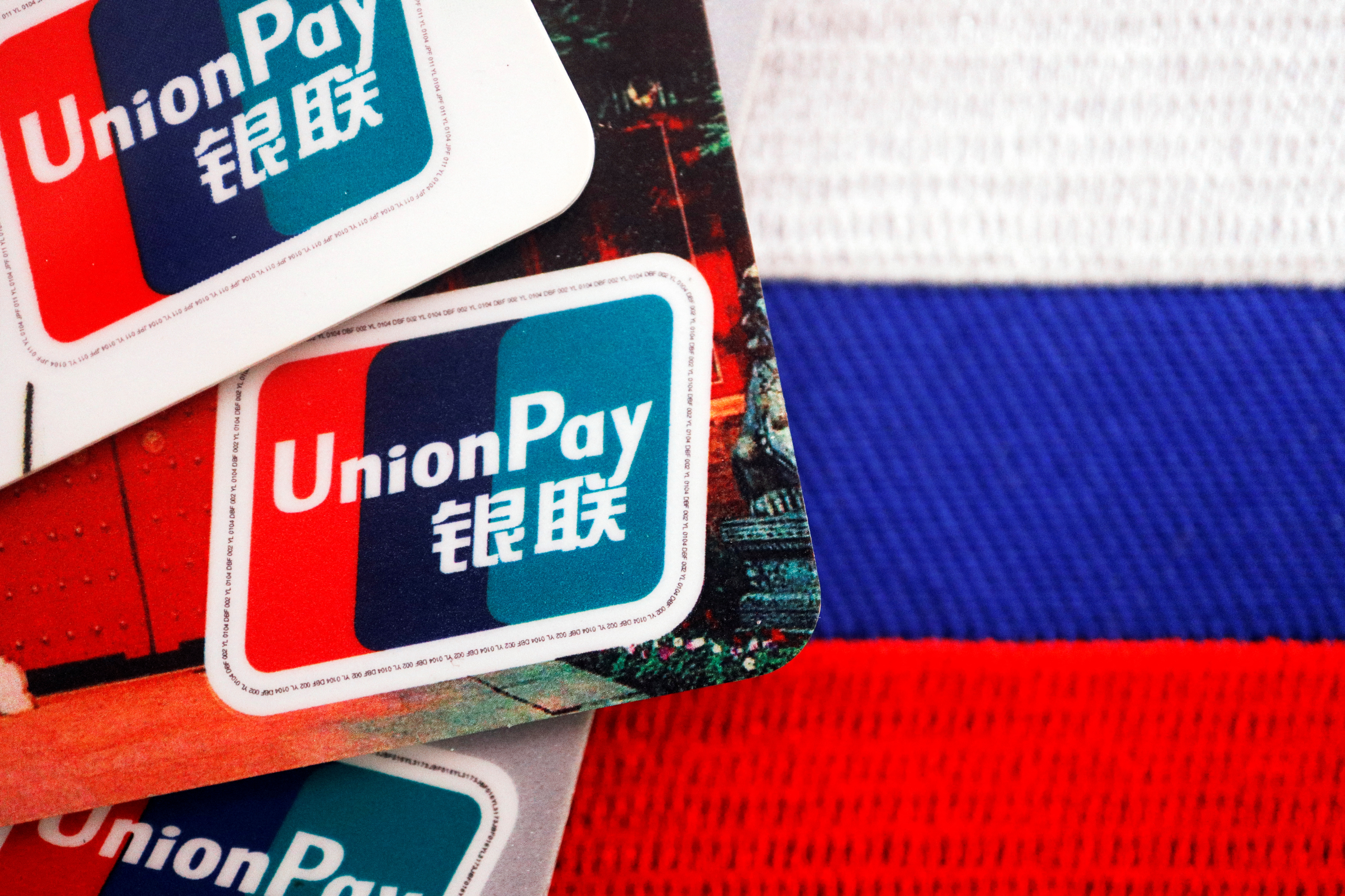 Illustration picture of UnionPay cards with  Russian flag