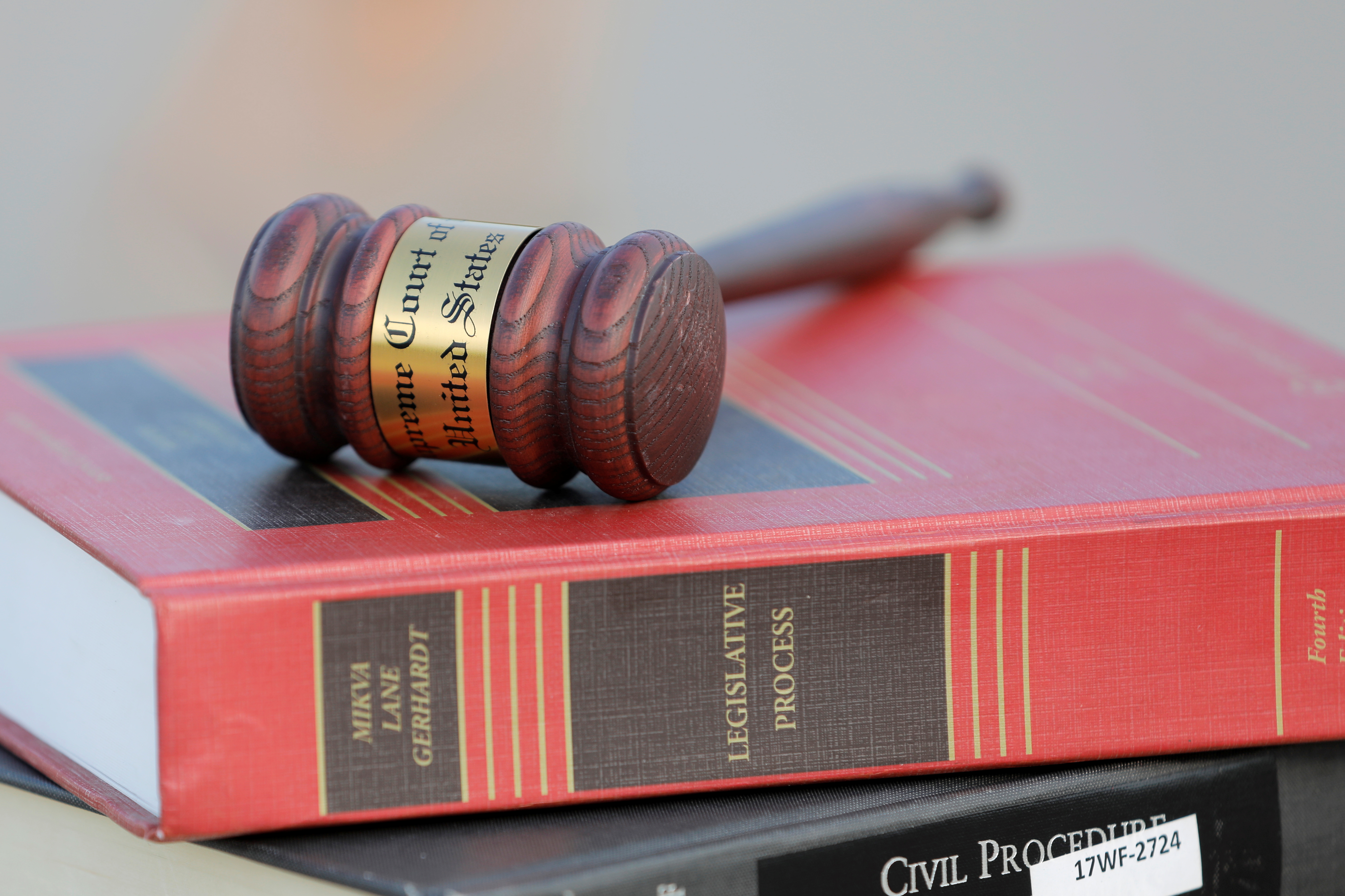 A gavel is seen on legal books in Washington, D.C.