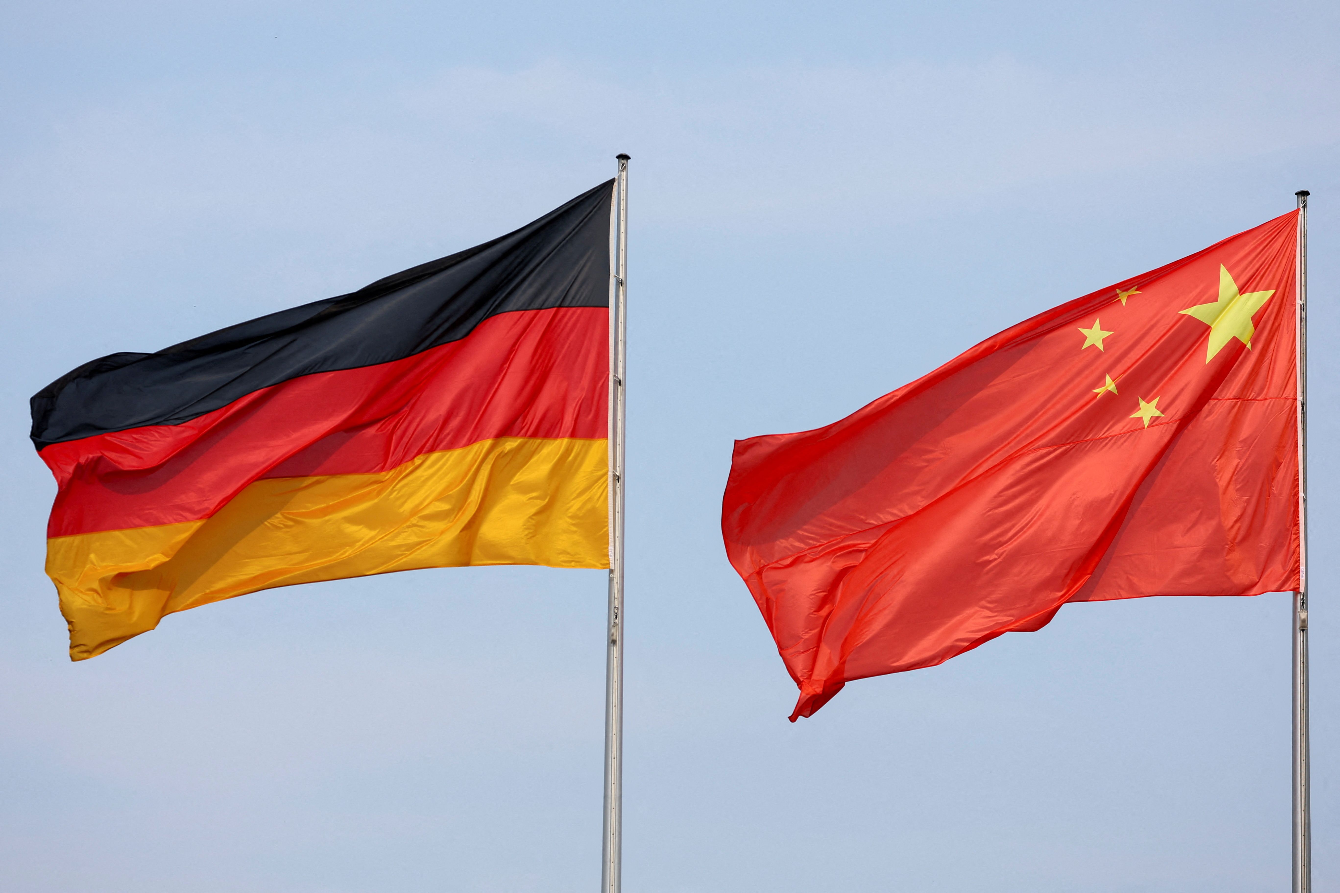 The flags of Germany and China are seen ahead of a meeting between German Chancellor Olaf Scholz and Chinese Premier Li Qiang in Berlin,
