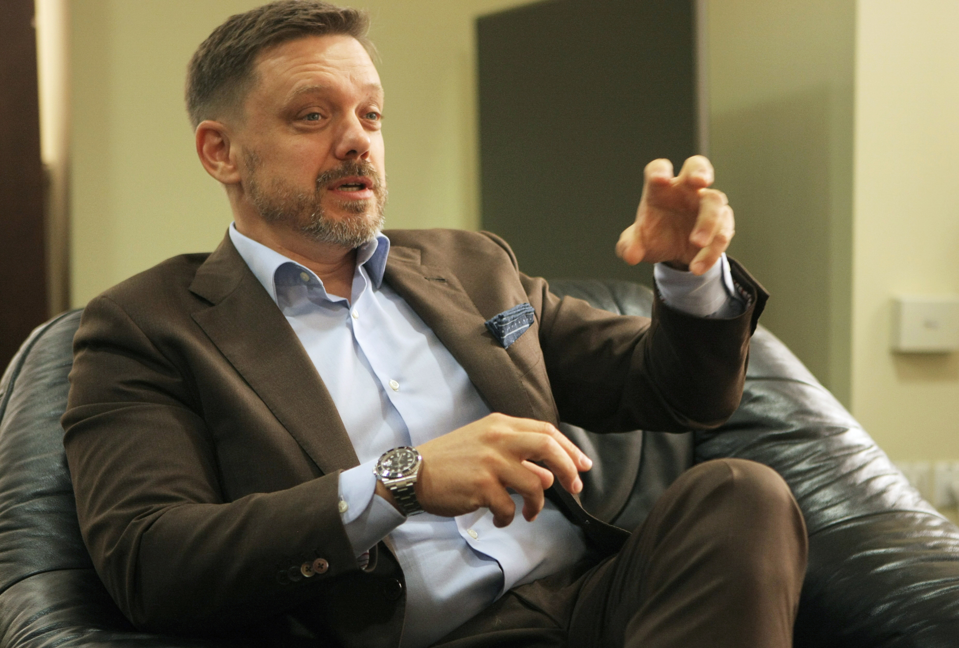 Yevgen Metsger, Chairman of the Management Board of the Ukreximbank, speaks during an interview in Kyiv
