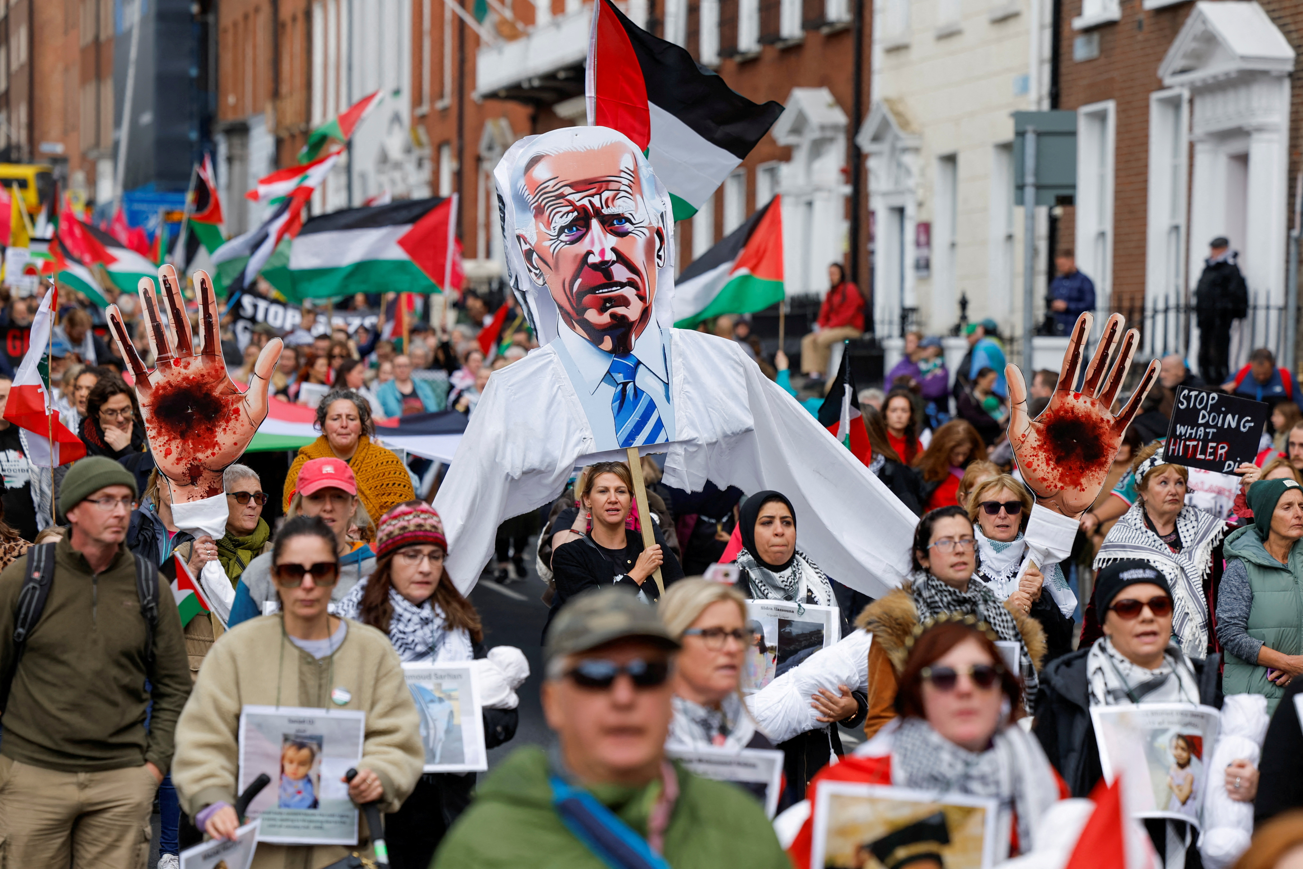 People demonstrate ahead of the October 7th attack anniversary, in Dublin