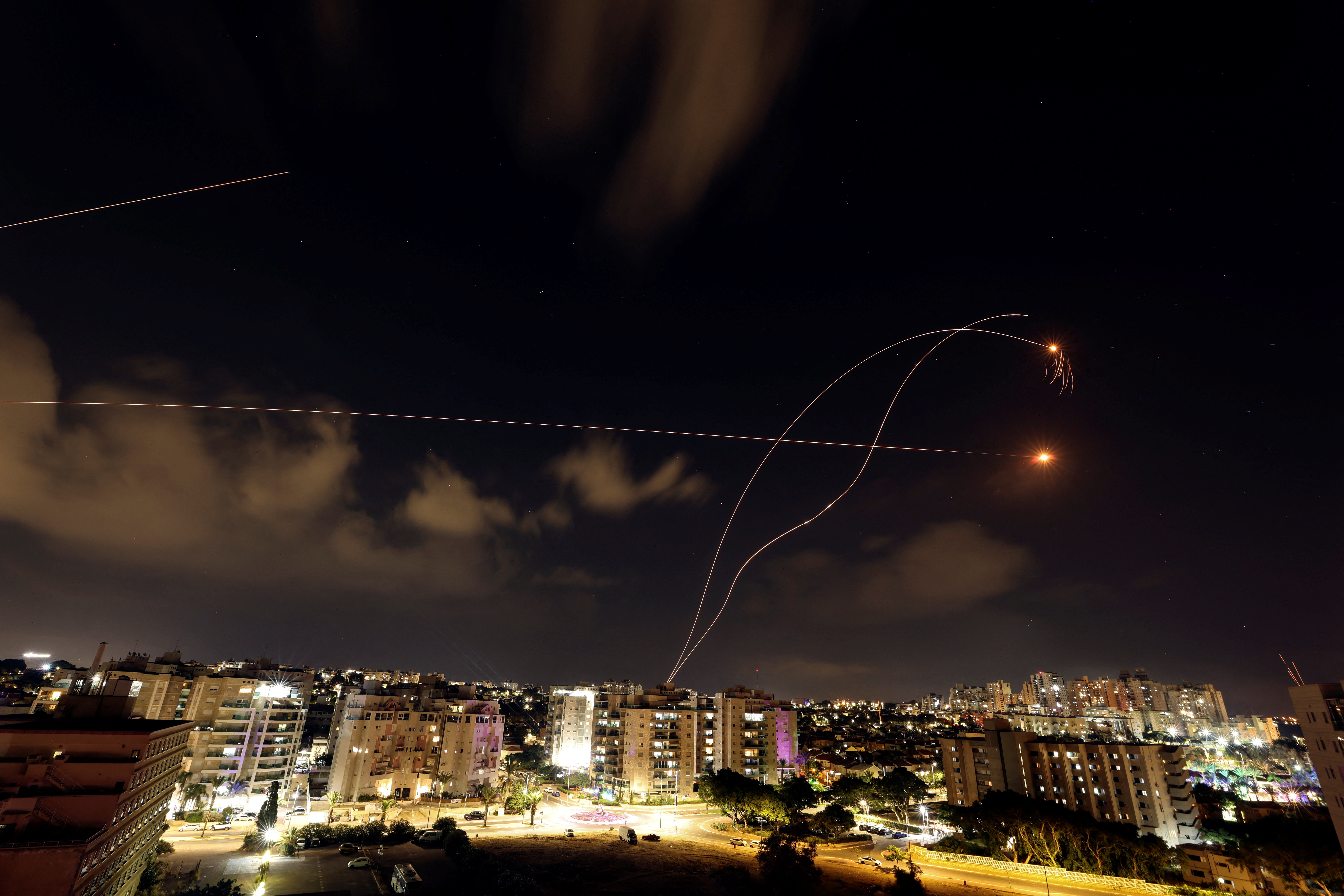 Israel's Iron Dome anti-missile system intercepts rockets launched from Gaza Strip, as seen from Ashkelon
