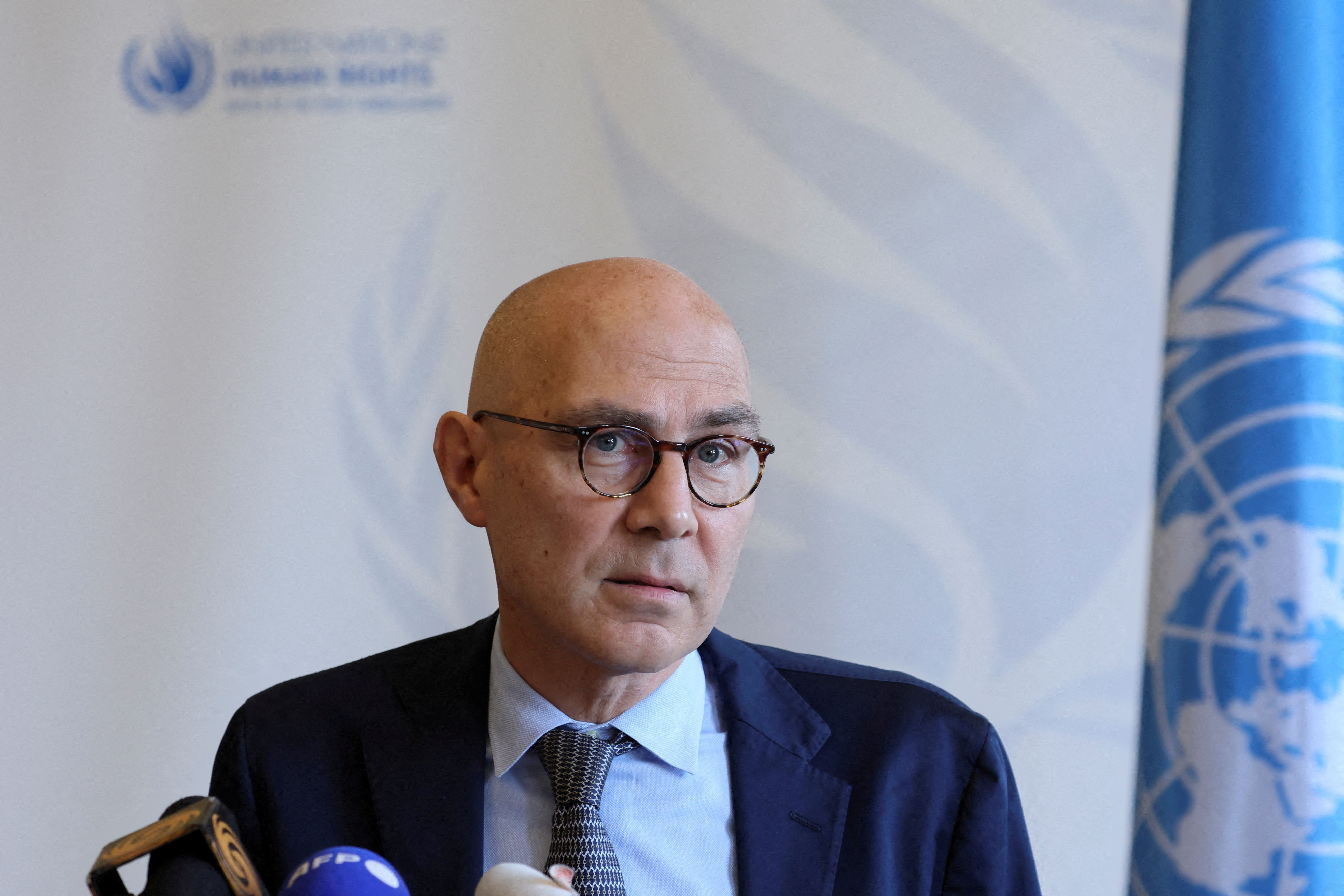 UN High Commissioner Turk briefs media at Palais Wilson in Geneva