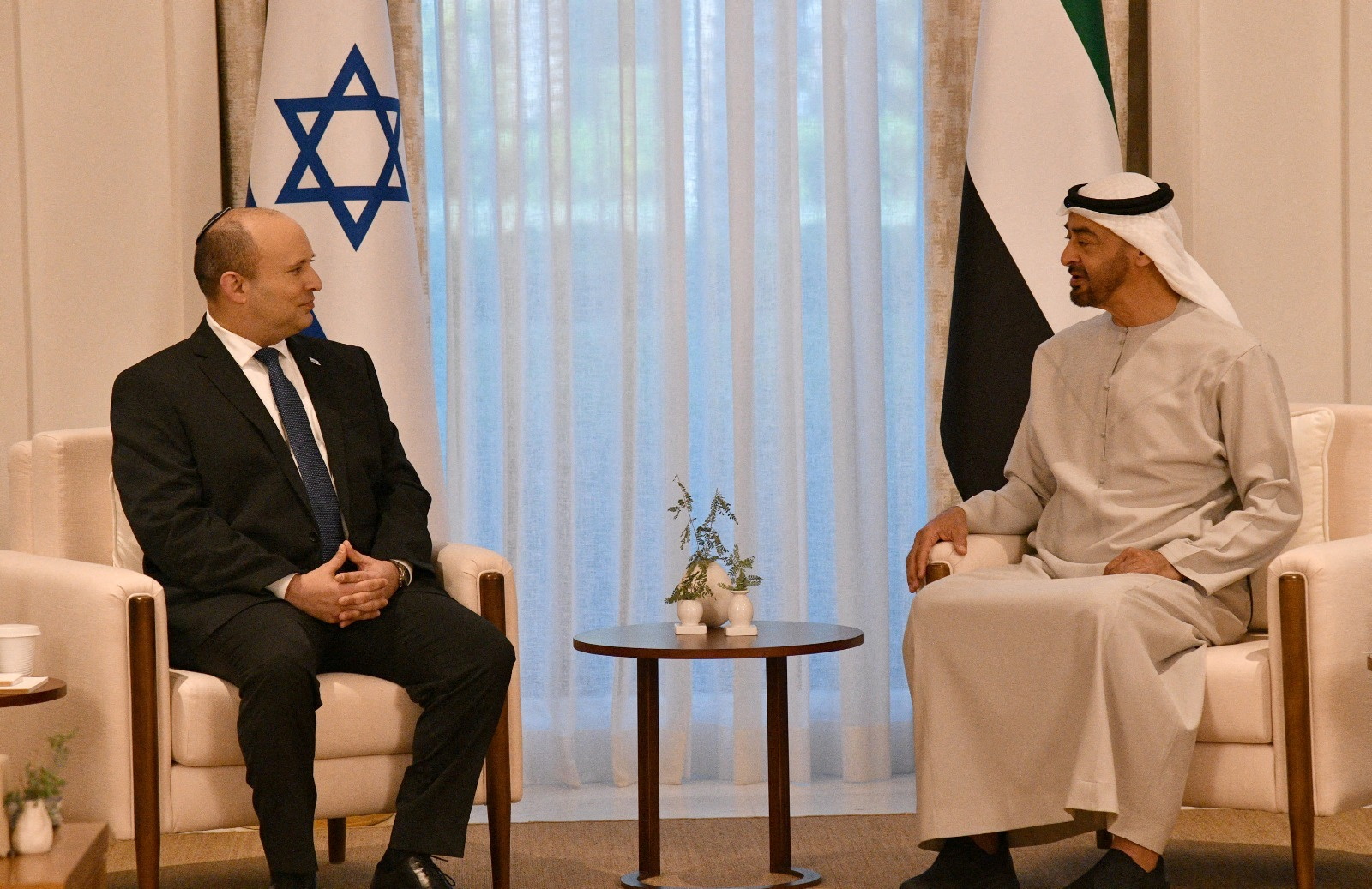 Israeli Prime Minister Naftali Bennett meets with Abu Dhabi Crown Prince Sheikh Mohammed bin Zayed at his private palace in Abu Dhabi