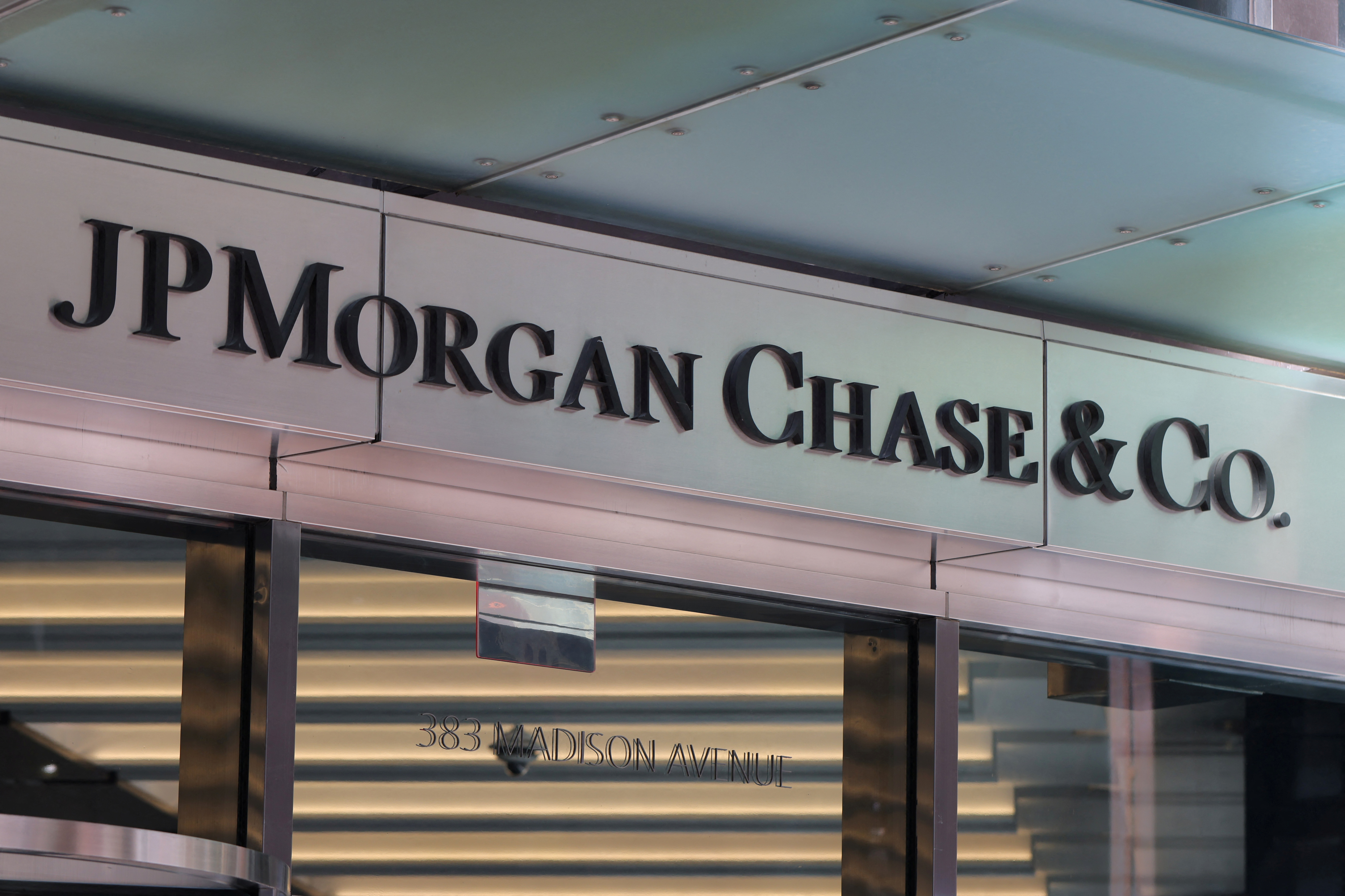 Signage is seen at the JPMorgan Chase & Co. New York Head Quarters in Manhattan, New York City