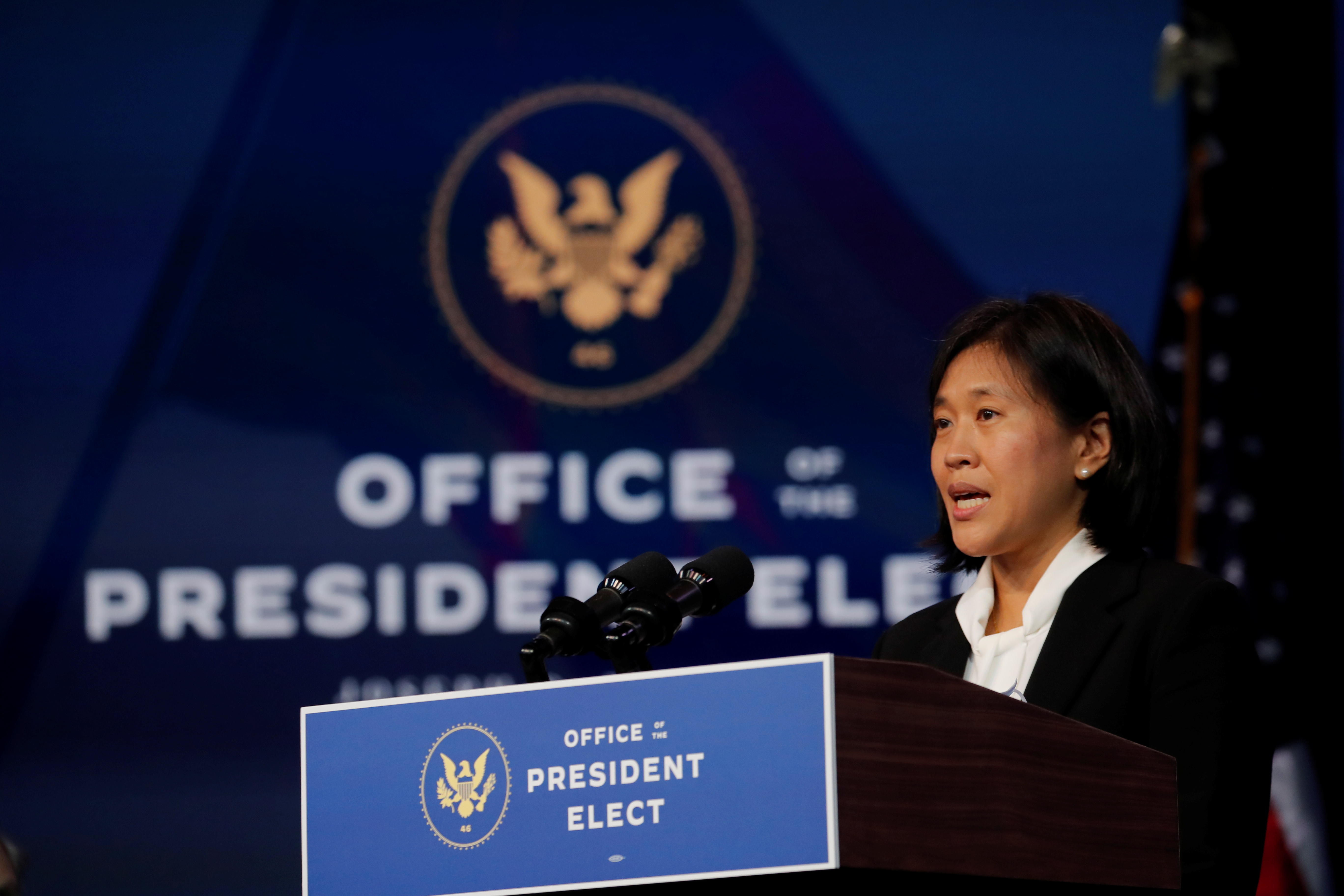 FILE PHOTO - Katherine Tai, U.S. President-elect Joe Biden's nominee to be U.S. Trade Representative, speaks after Biden announced her nomination during a fresh round of nominations and appointments at a news conference at his transition headquarters in Wilmington, Delaware, U.S., December 11, 2020. REUTERS/Mike Segar