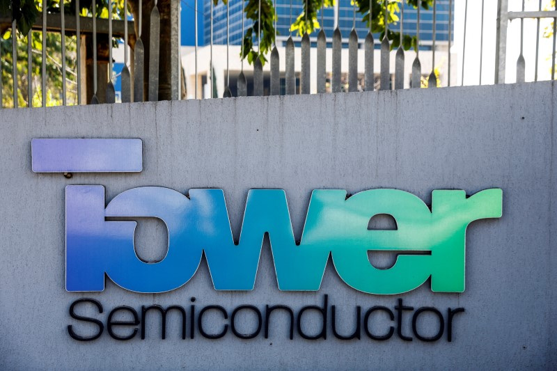 The logo of Israeli analog integrated circuits developer, Tower Semiconductor is seen at their offices in Migdal HaEmek