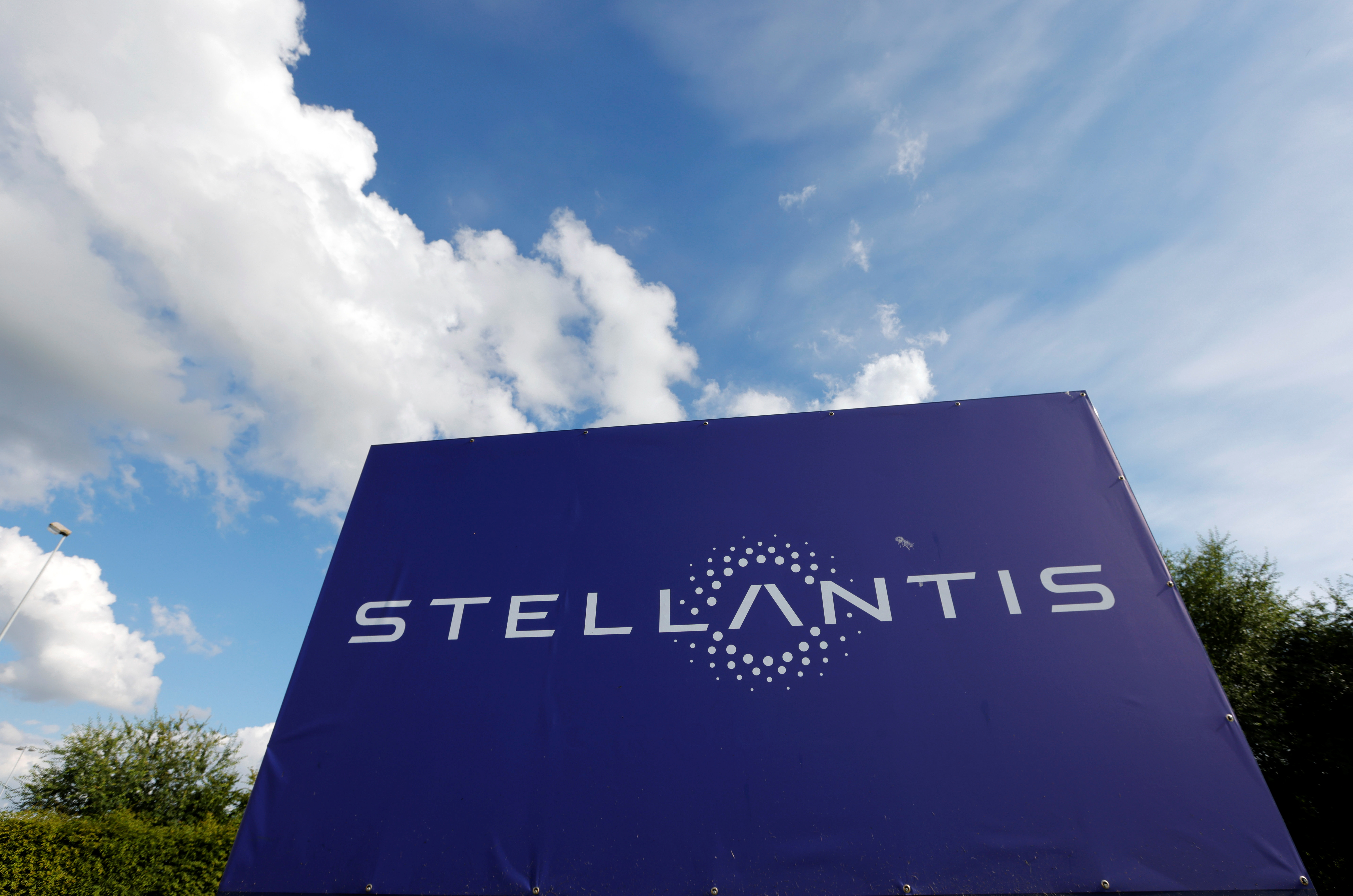 The logo of Stellantis at the entrance of the company's factory in Hordain