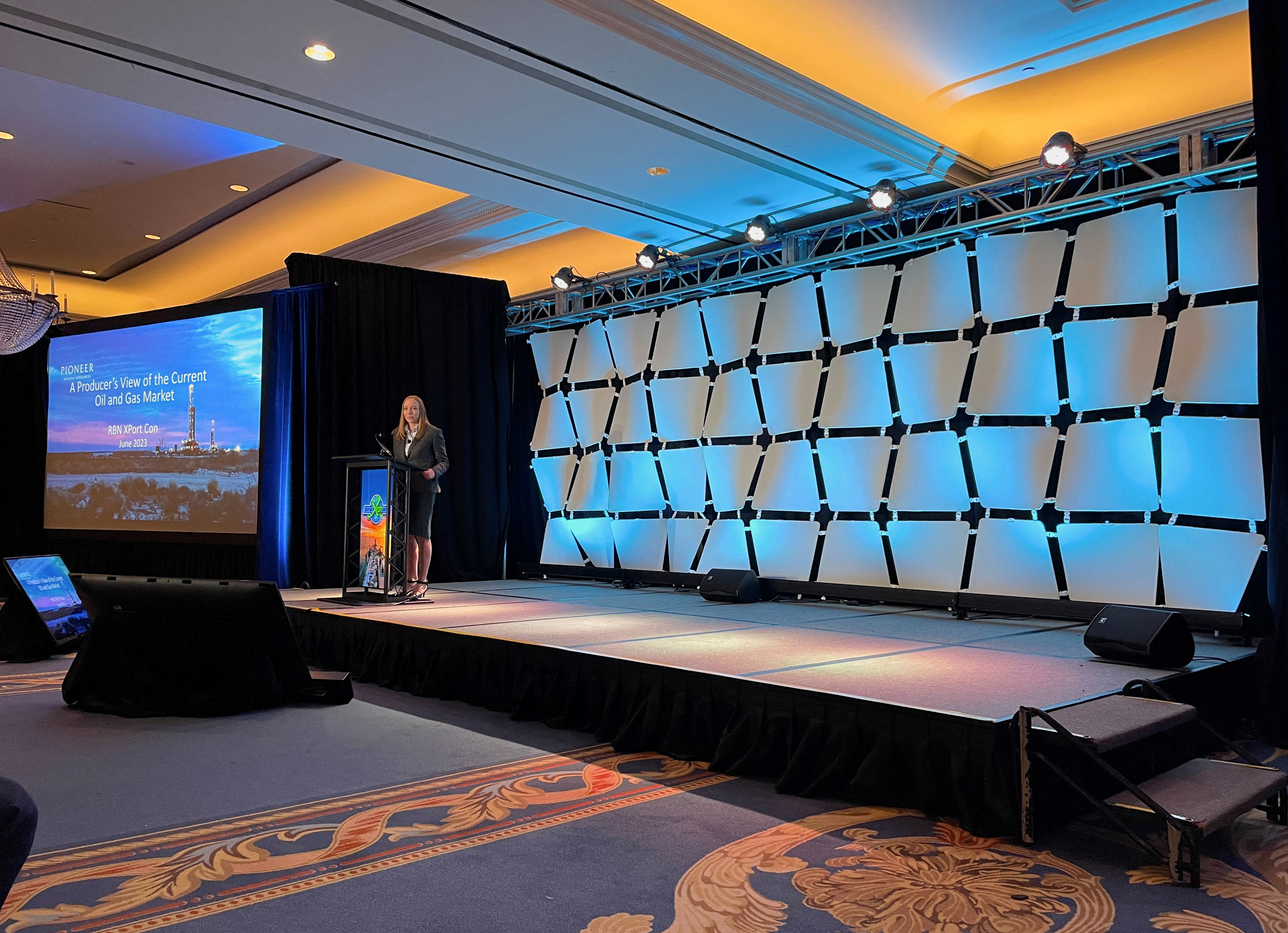 Beth McDonald, Executive Vice President at U.S oil producer Pioneer Natural Resources, presents at the RBN Energy Xportcon, in Houston, Texas
