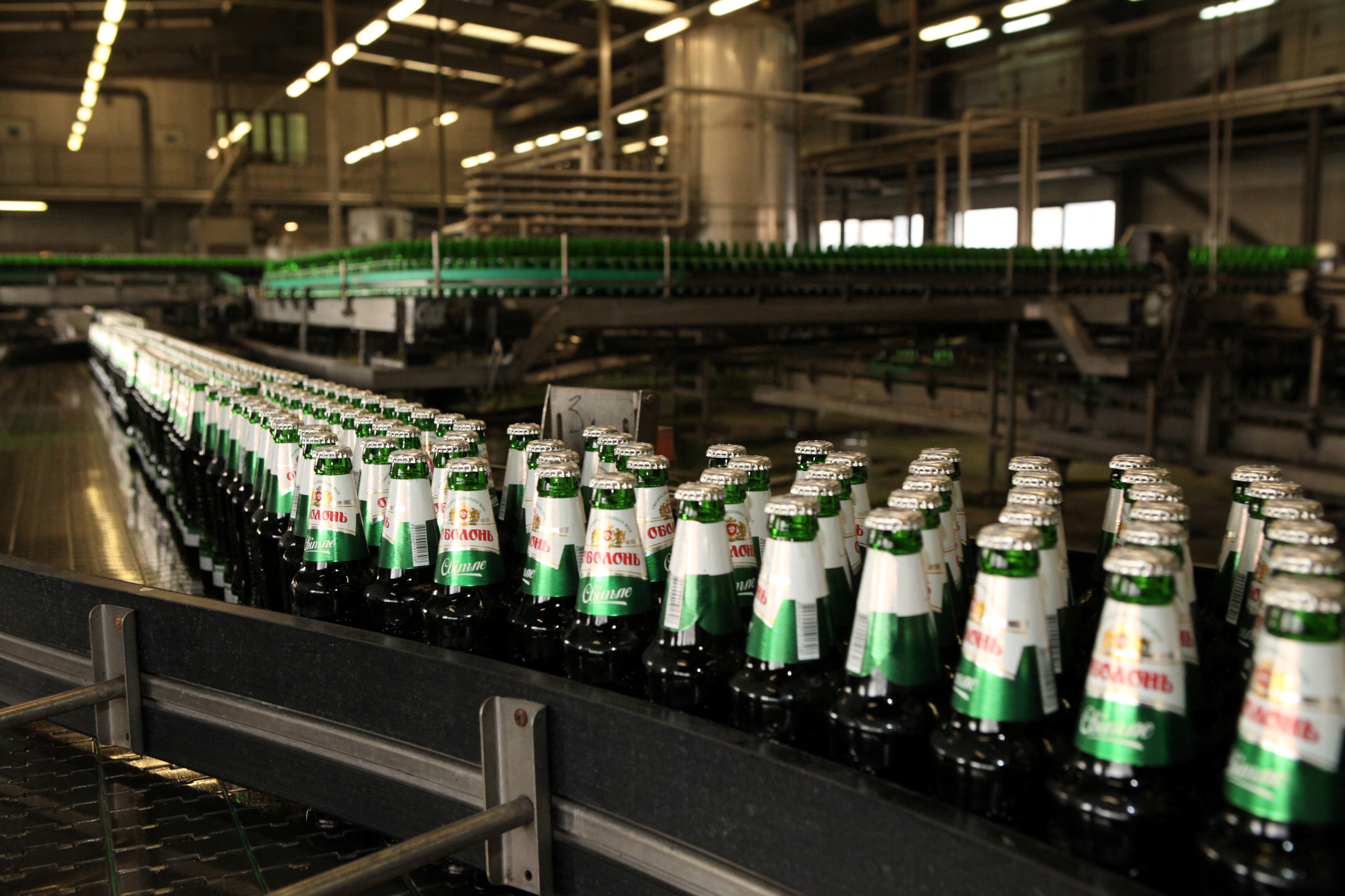 A handout photo of the Obolon beer bottles in the main Obolon brewery in Kyiv