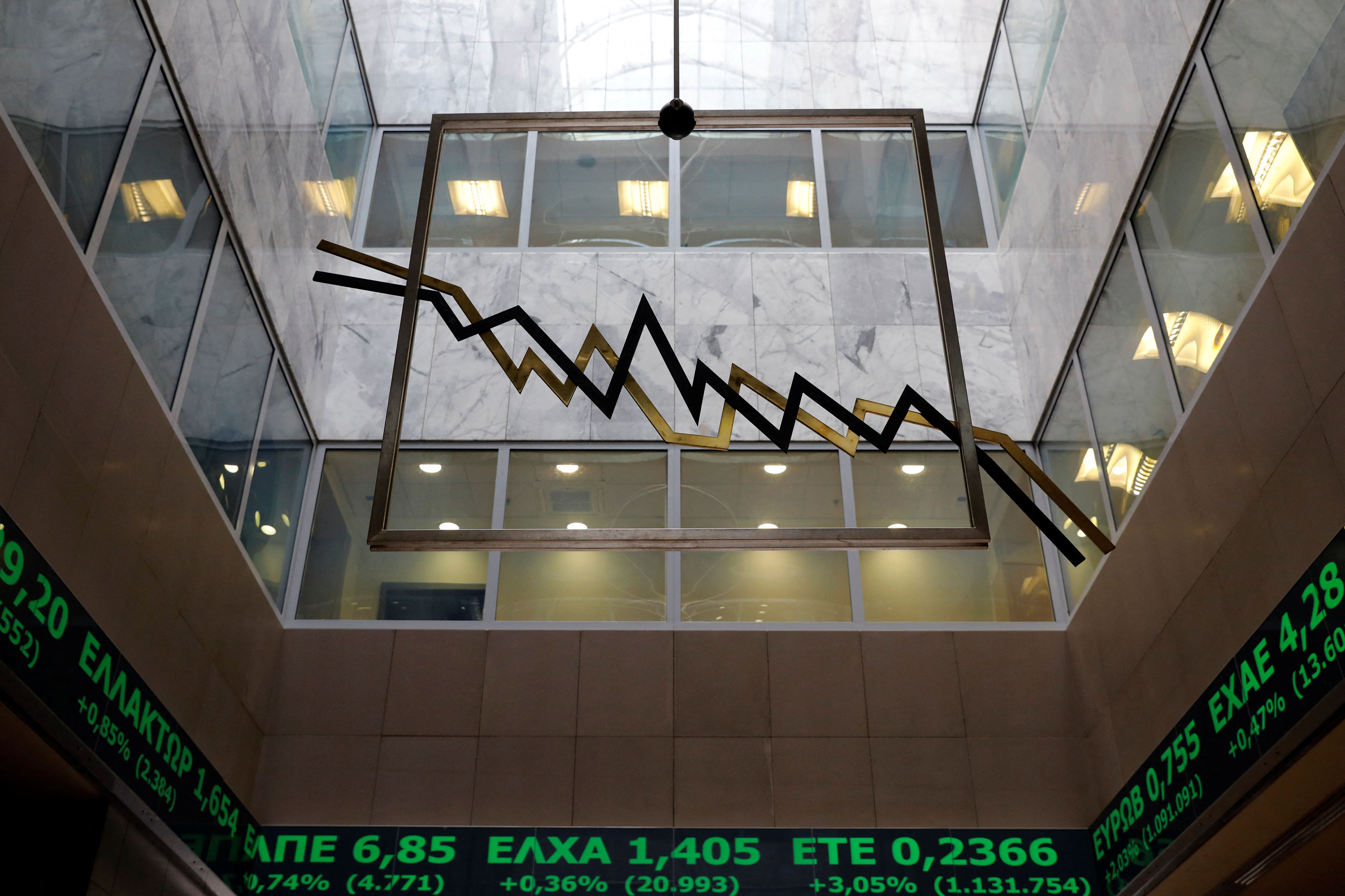 A stock ticker shows stock options at the lobby of the Athens stock exchange building in Athens