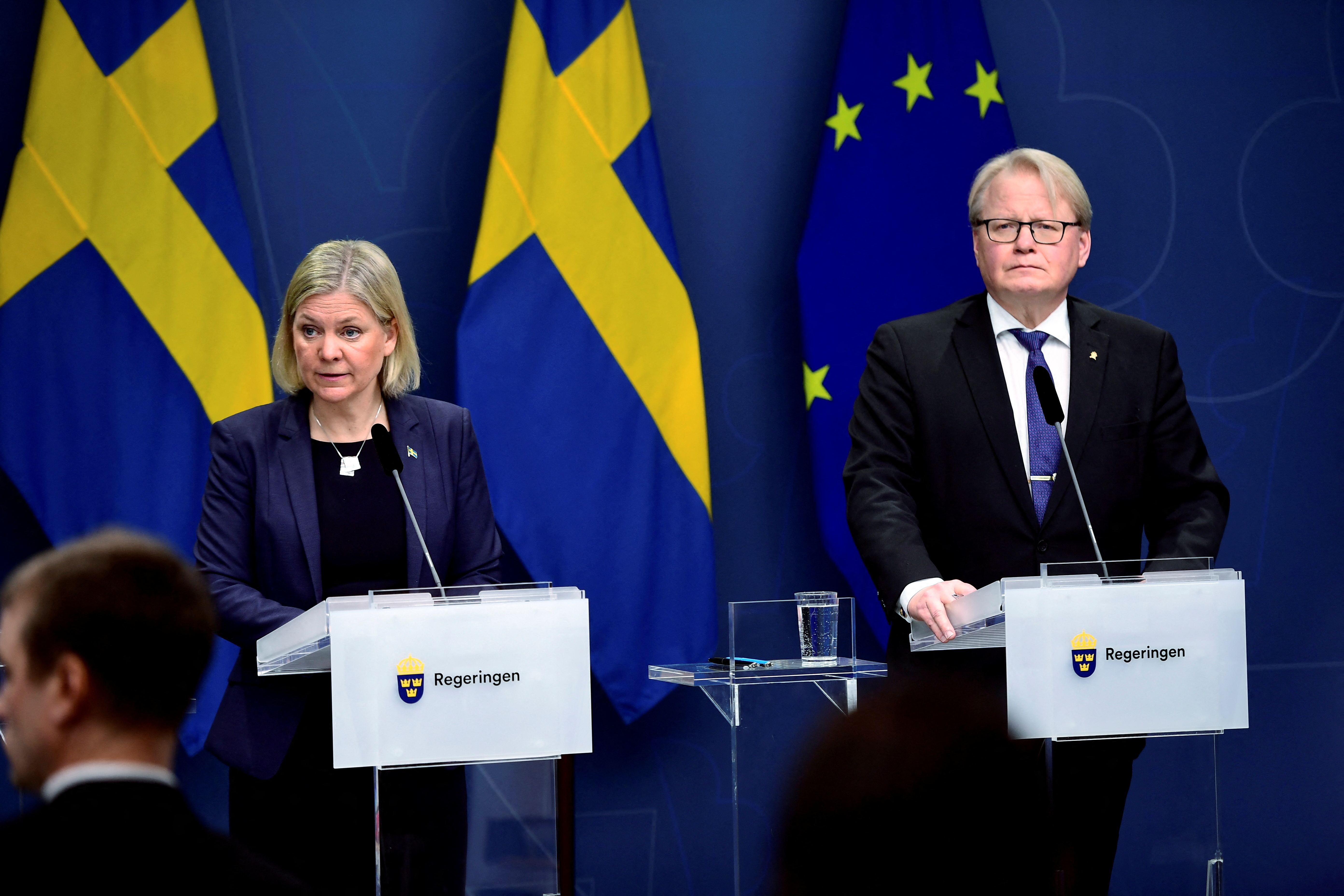 Sweden's Prime Minister Magdalena Andersson and Sweden's Minister of Defense Peter Hultqvist comment on Russia's attack on Ukraine, at a press conference in the government building Rosenbad, in Stockholm, Sweden February 24, 2022. Paul Wennerholm /TT News Agency/via REUTERS      