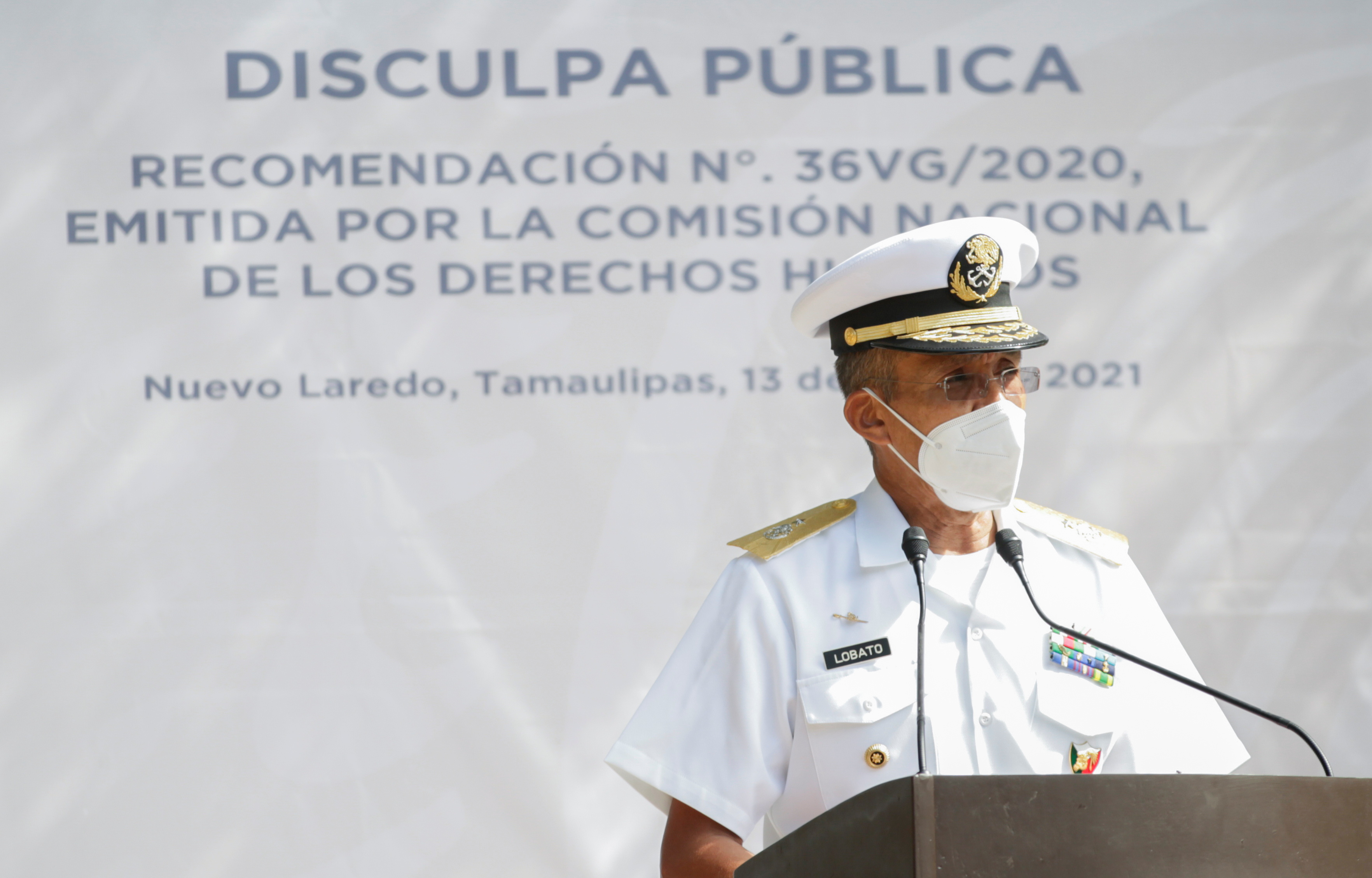 Rear Admiral Ramiro Lobato Camacho speaks as members of the Mexican Marines offer an apology to family members of victims for their role in the 2018 forced disappearances, according to Attorney General's Office in Nuevo Laredo, Mexico July 13, 2021. REUTERS/Daniel Becerril