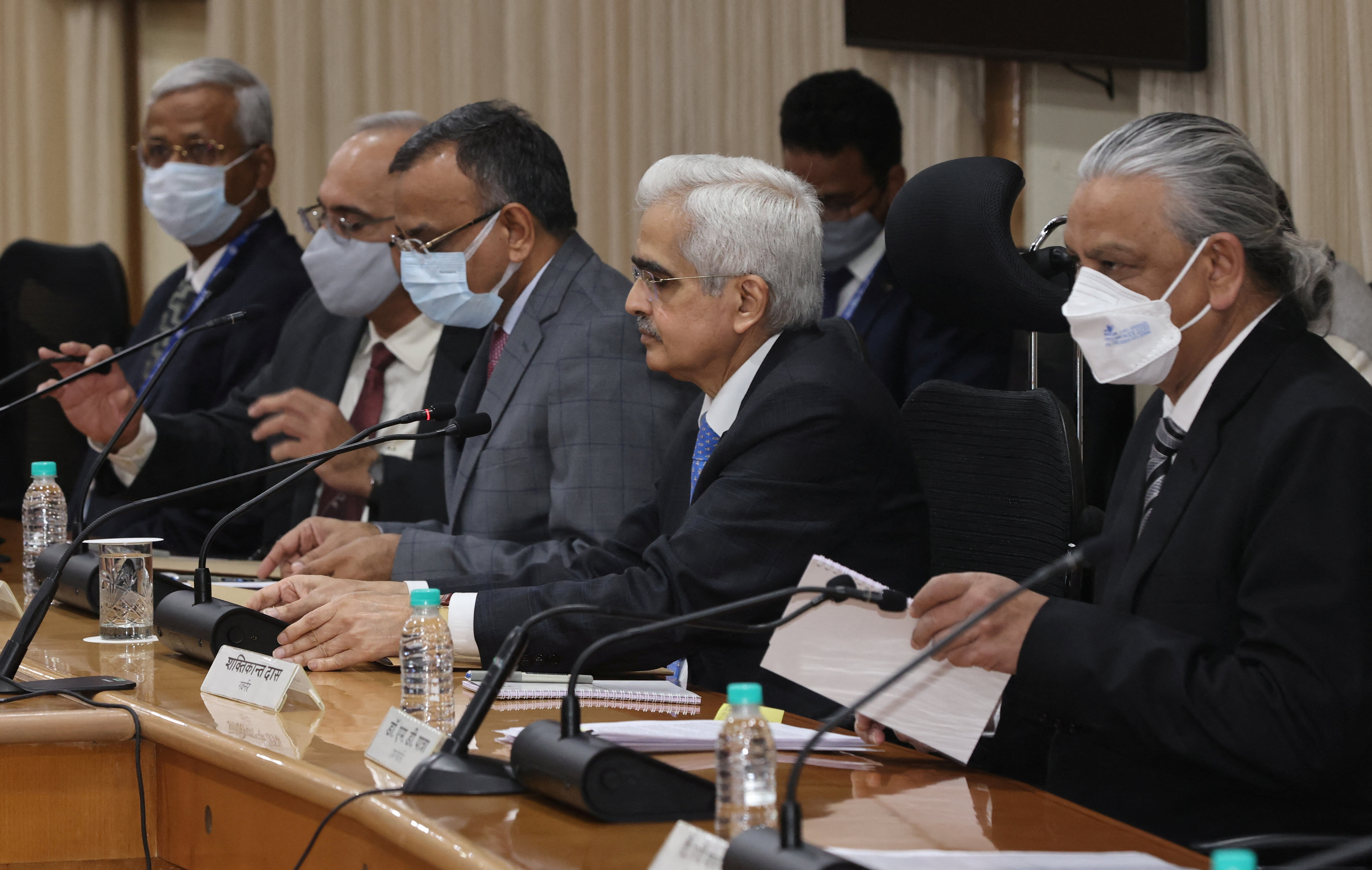 Reserve Bank of India (RBI) Governor Shaktikanta Das arrives at a news conference after a monetary policy review in MumbaI