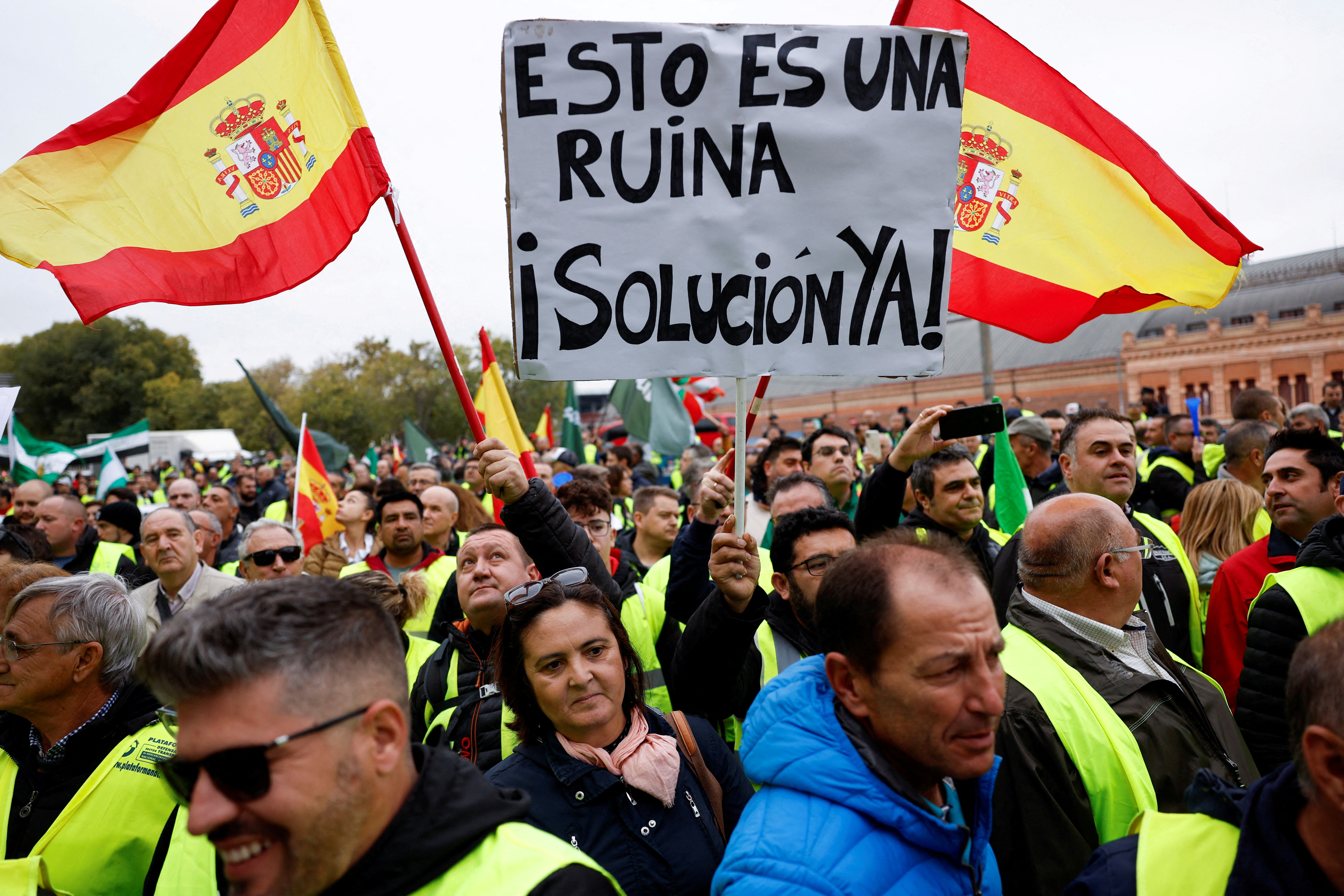 Spanish truckers and farmers march to protest over working conditions and fair prices in Madrid