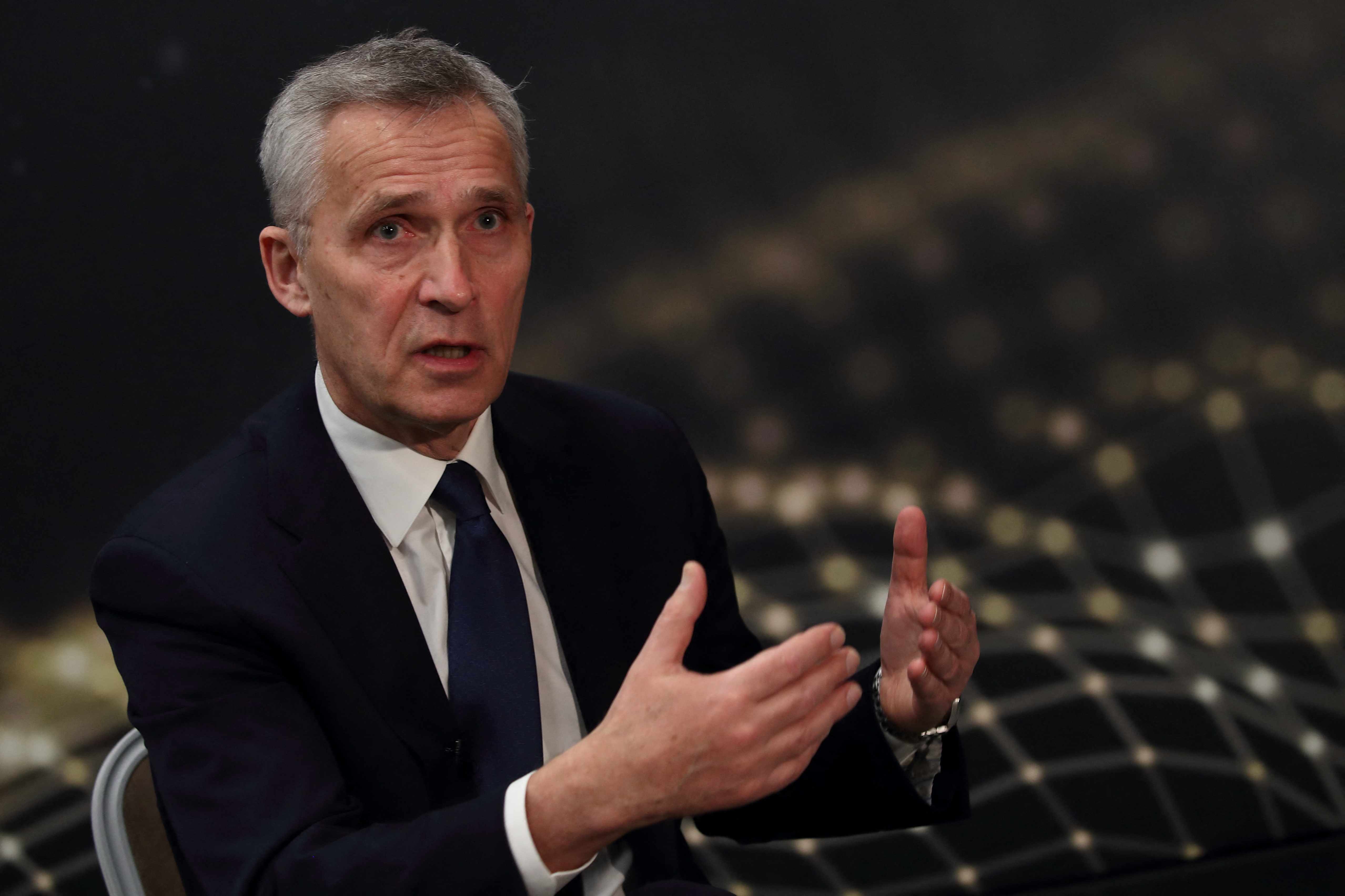 NATO Secretary General Stoltenberg speaks during an interview with Reuters in Antalya