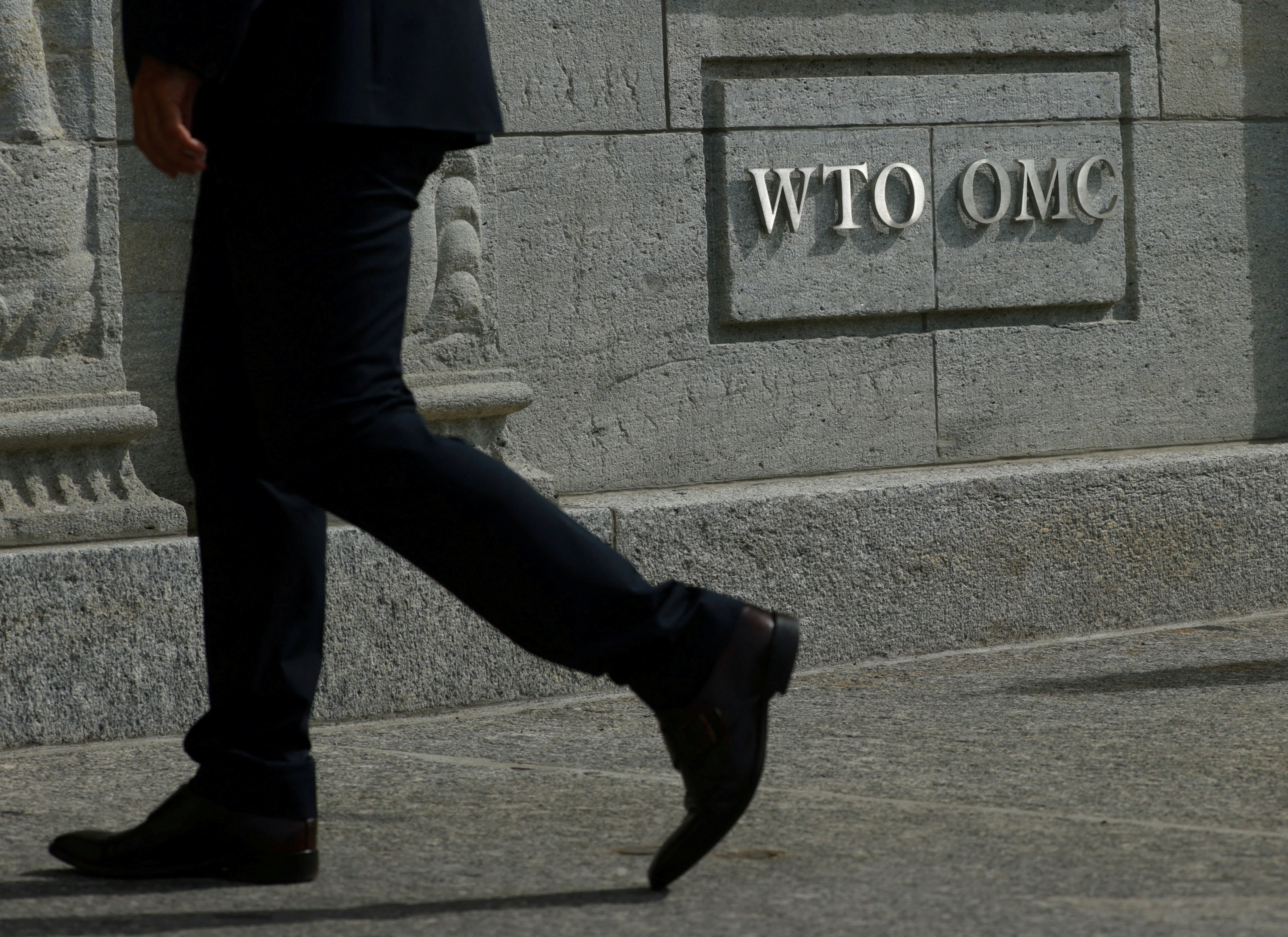 A logo is pictured outside the World Trade Organization (WTO) in Geneva