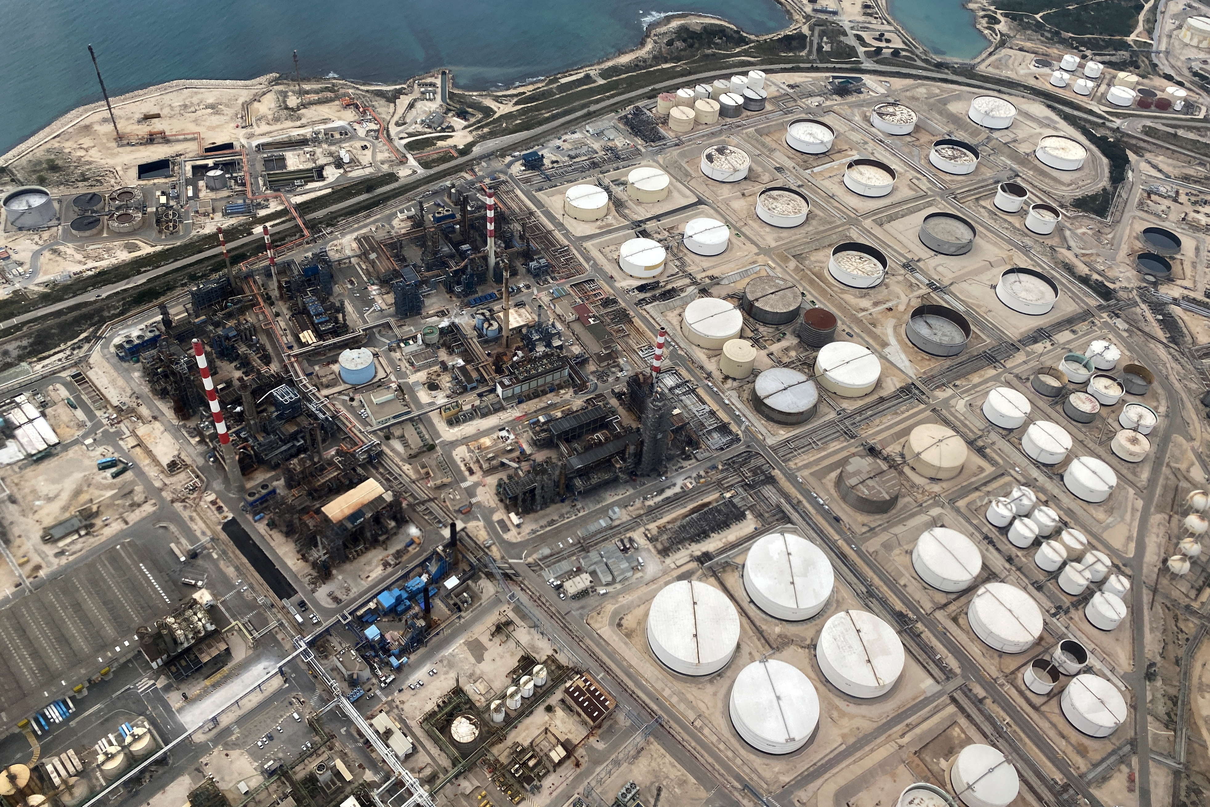Aerial view of the Petroineos Ineos petrol refinery in Lavera