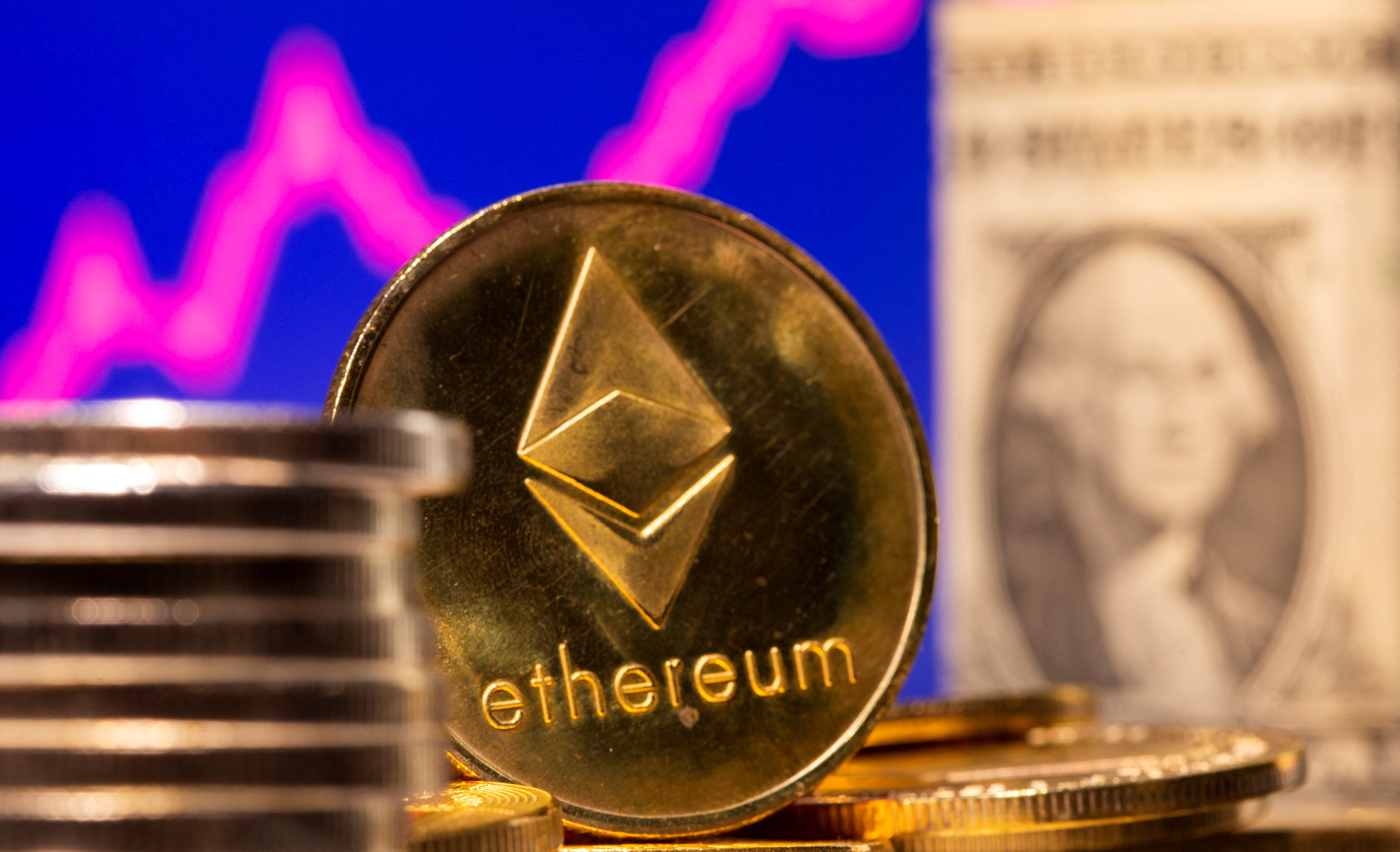 A representation of virtual currency Ethereum and U.S. One Dollar banknote are seen in front of a stock graph in this illustration