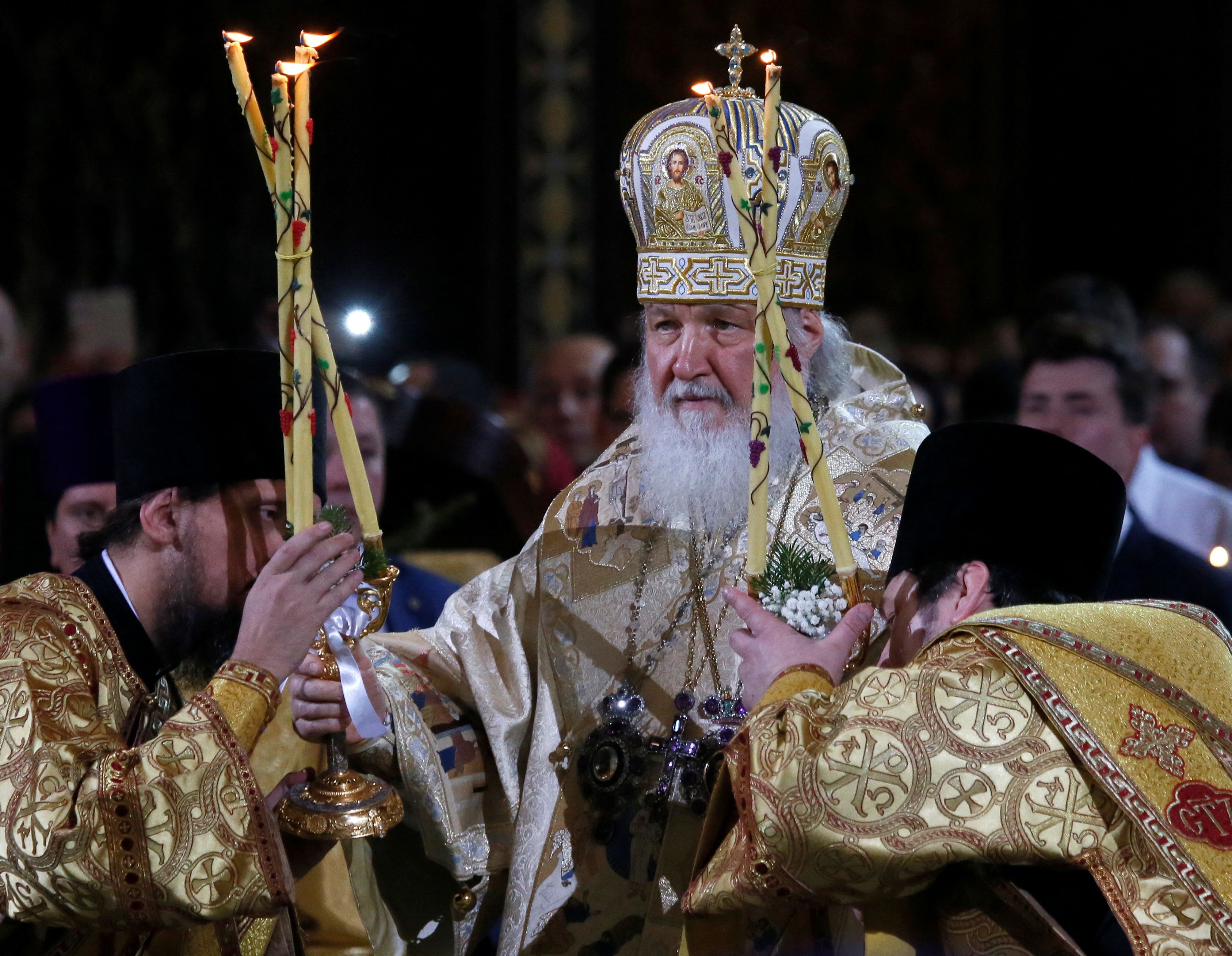 Patriarch Kirill, the head of the Russian Orthodox Church, conducts a service on Orthodox Christmas at the Christ the Saviour Cathedral in Moscow