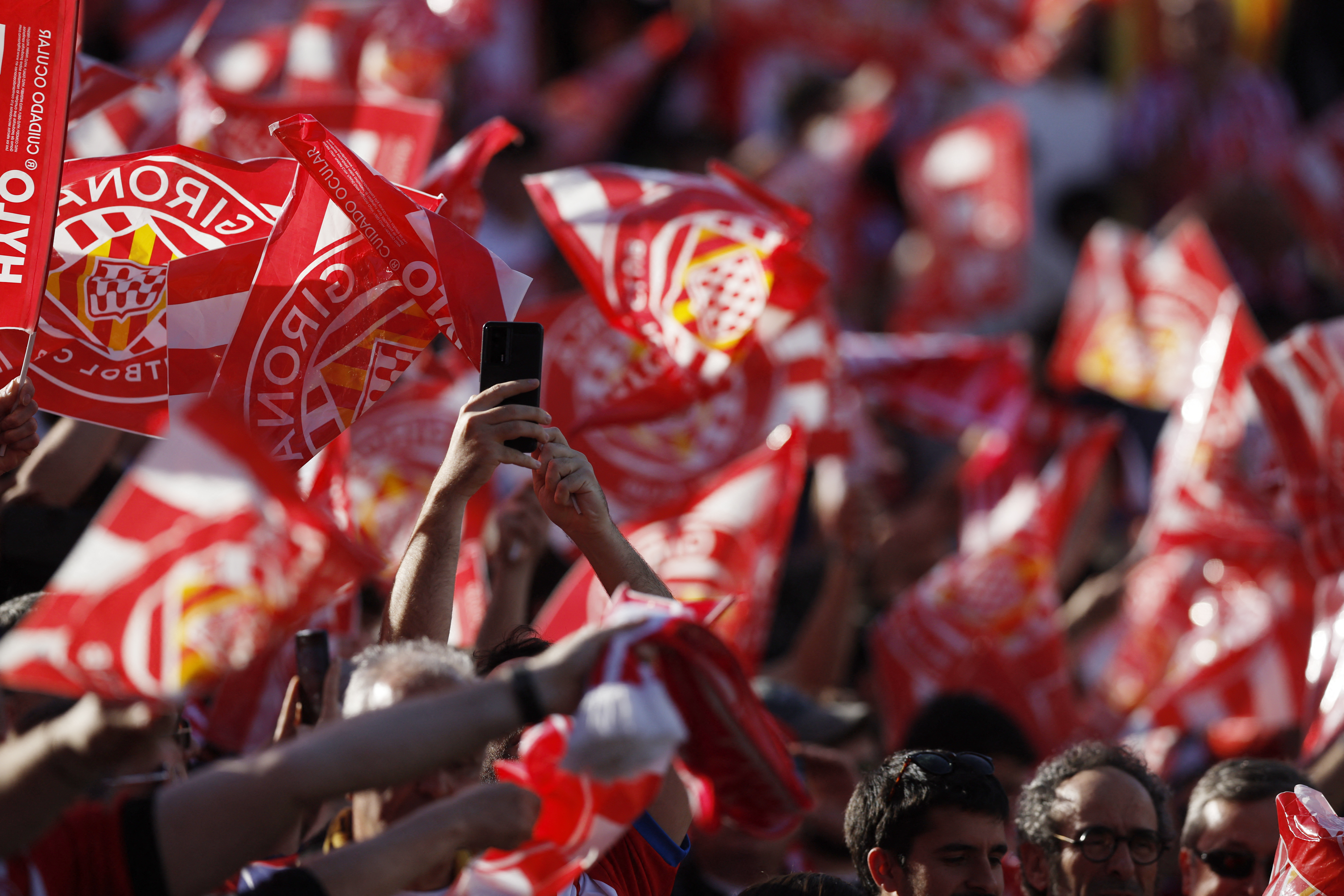 General view of Girona fans inside the stadium before a match at Estadi Montilivi, Girona, Spain