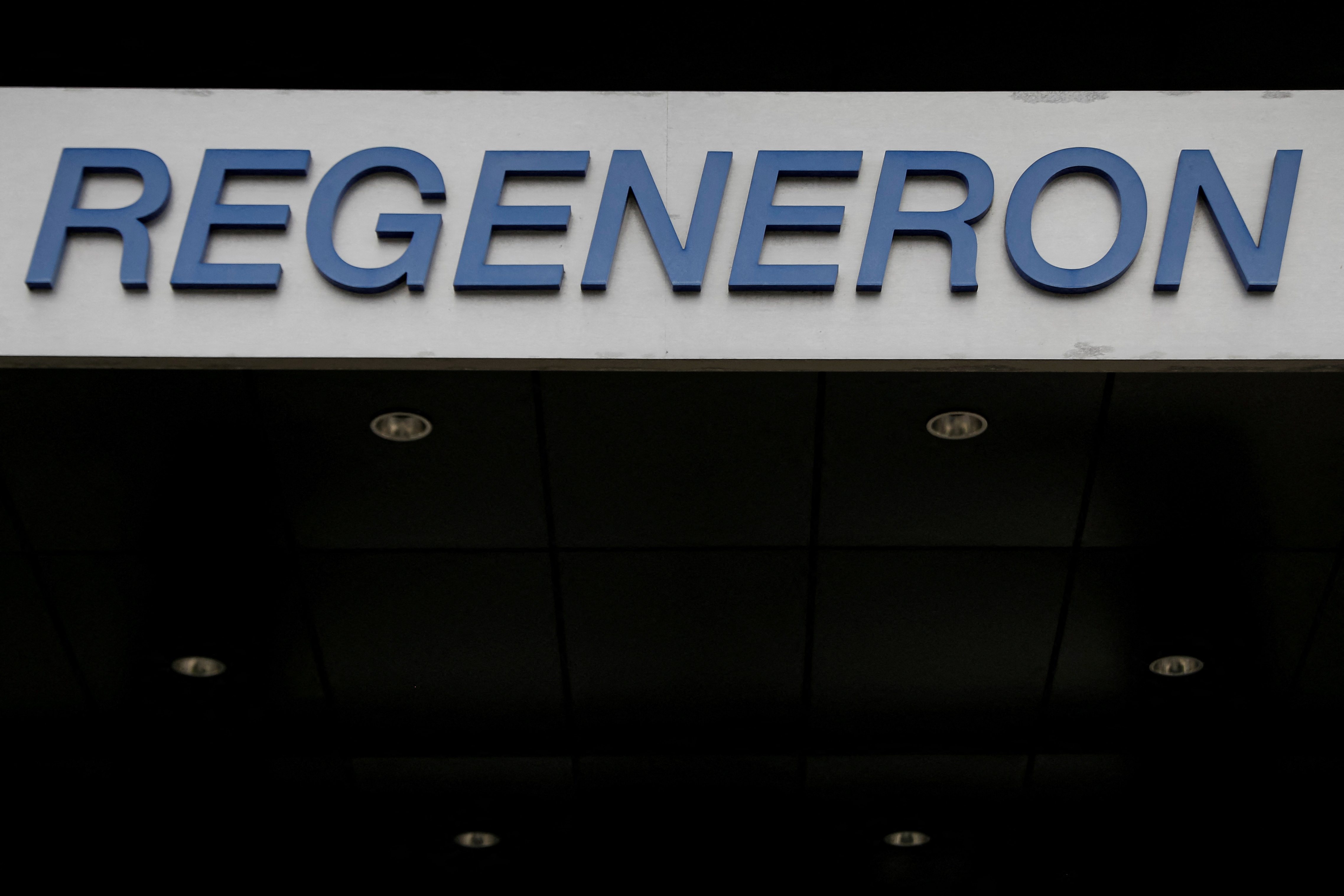 The Regeneron Pharmaceuticals company logo is seen on a building at the company's Westchester campus in Tarrytown, New York