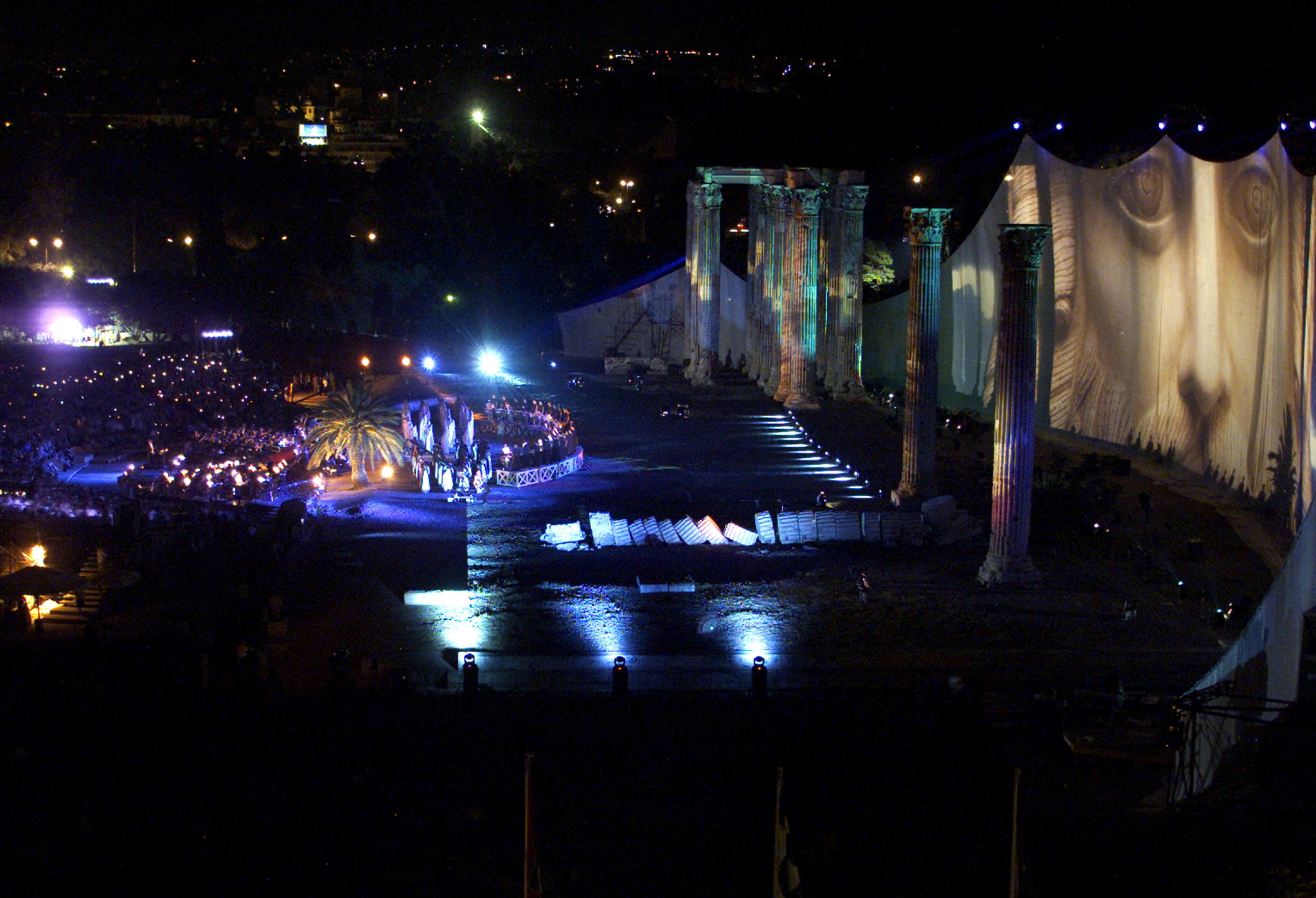 GREEK COMPOSER VANGELIS PERFORMS AT THE TEMPLE OF ZEUS IN ATHENS.