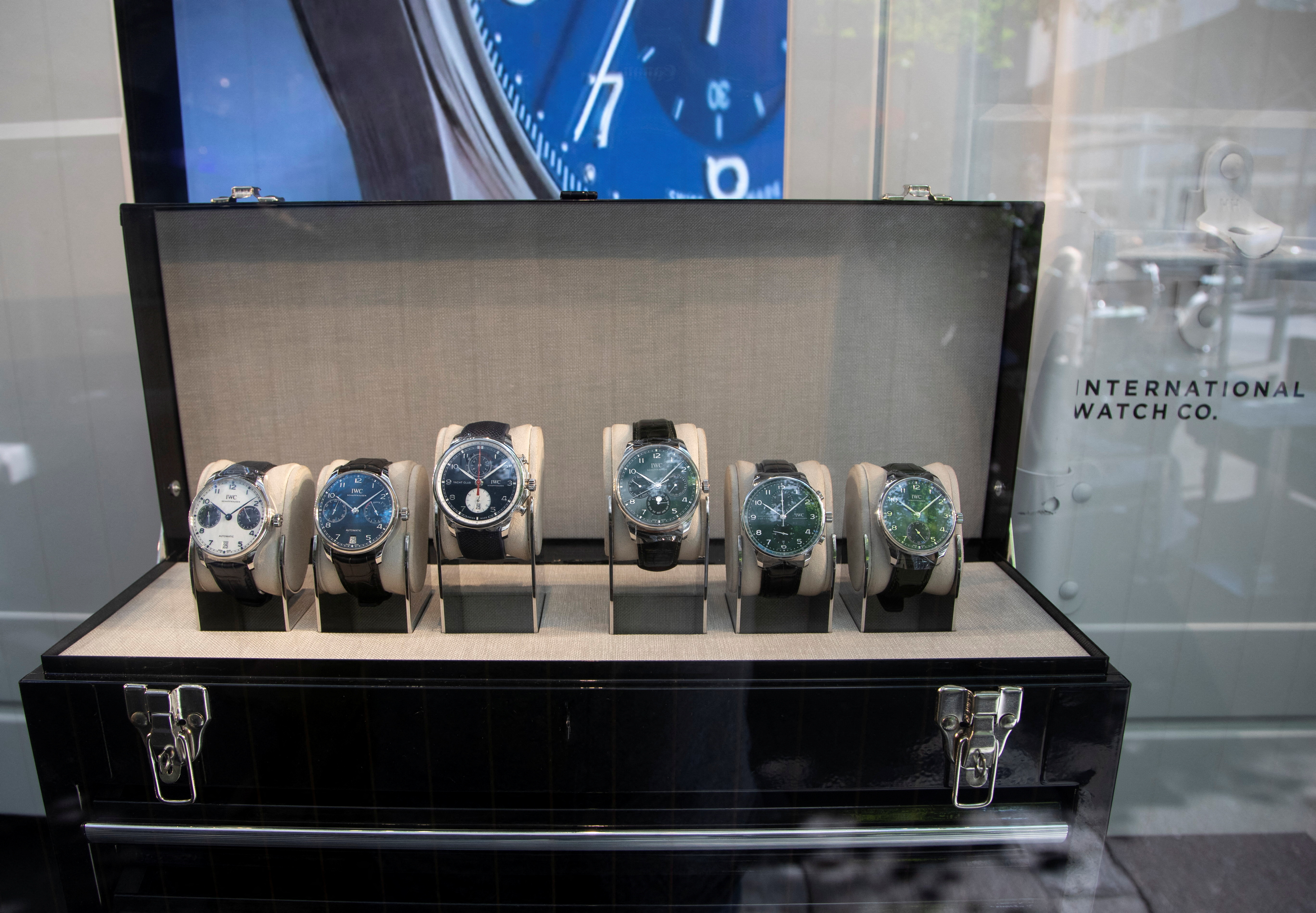 Watches of Swiss watch manufacturer IWC Schaffhausen are displayed in Zurich