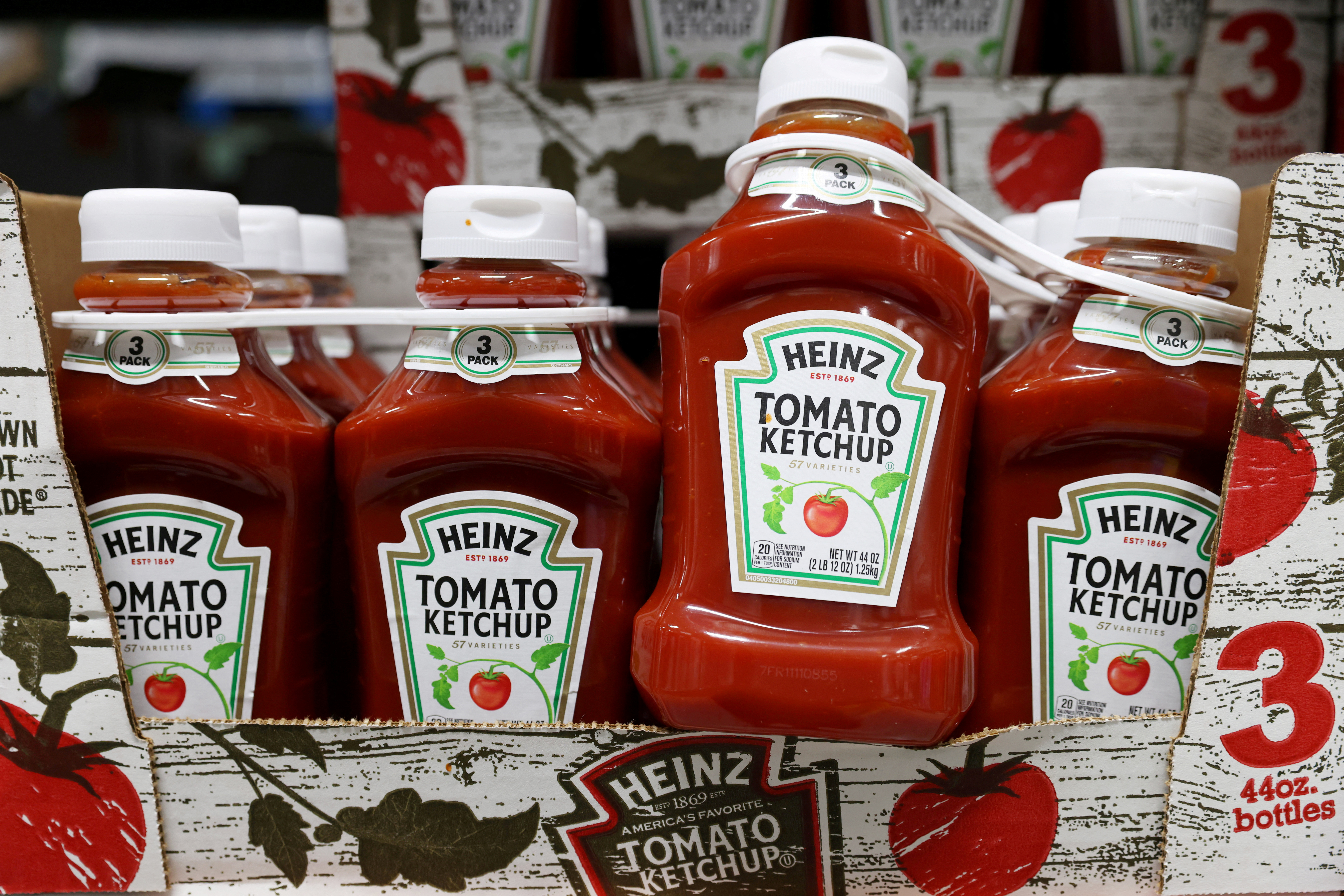 Bottles of Heinz Tomato Ketchup, owned by the Kraft Heinz Company