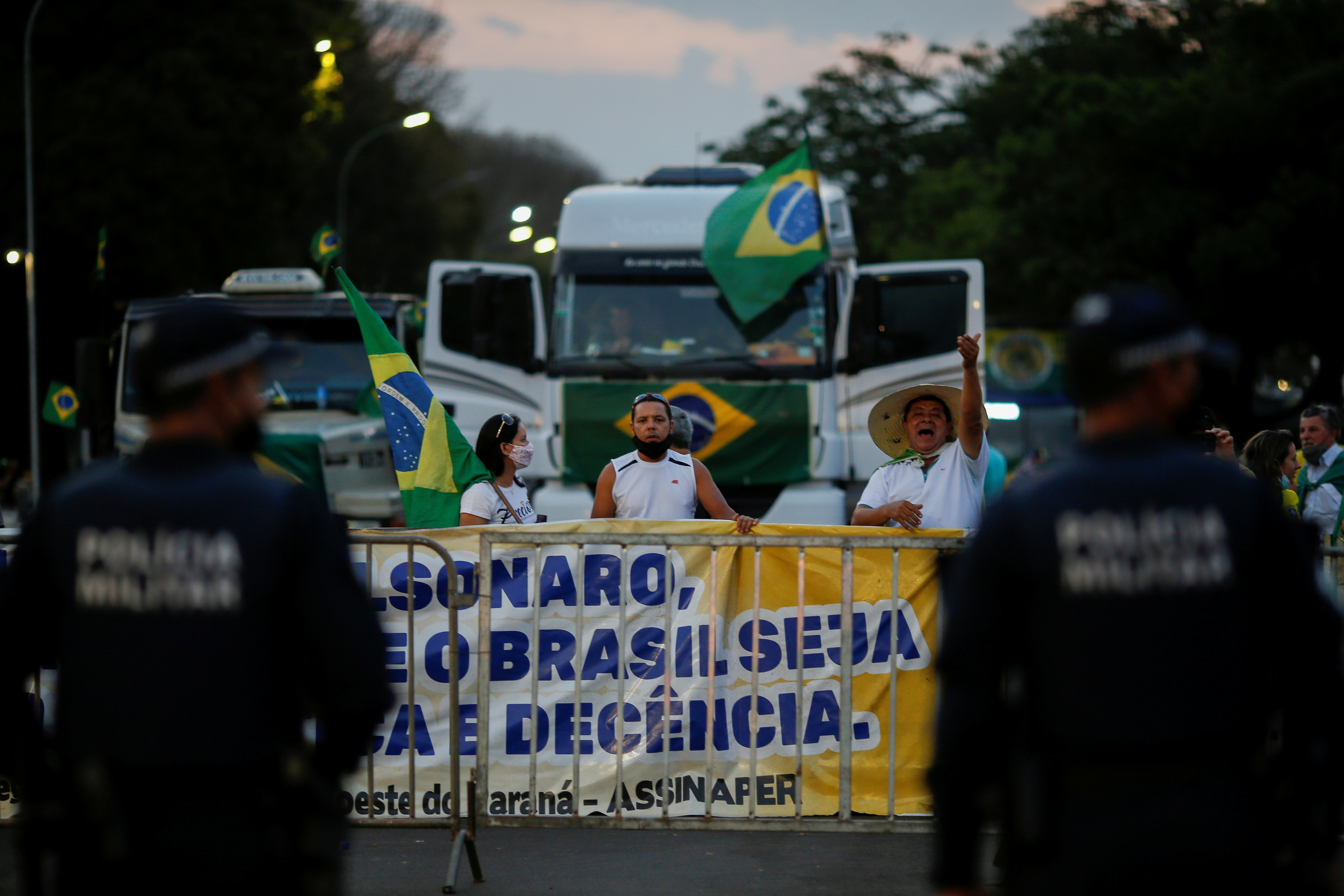 Police blockade to bar Access to the Brazil's Supreme Court headquarters for the truck drivers and supporters of the Brazil's President Jair Bolsonaro