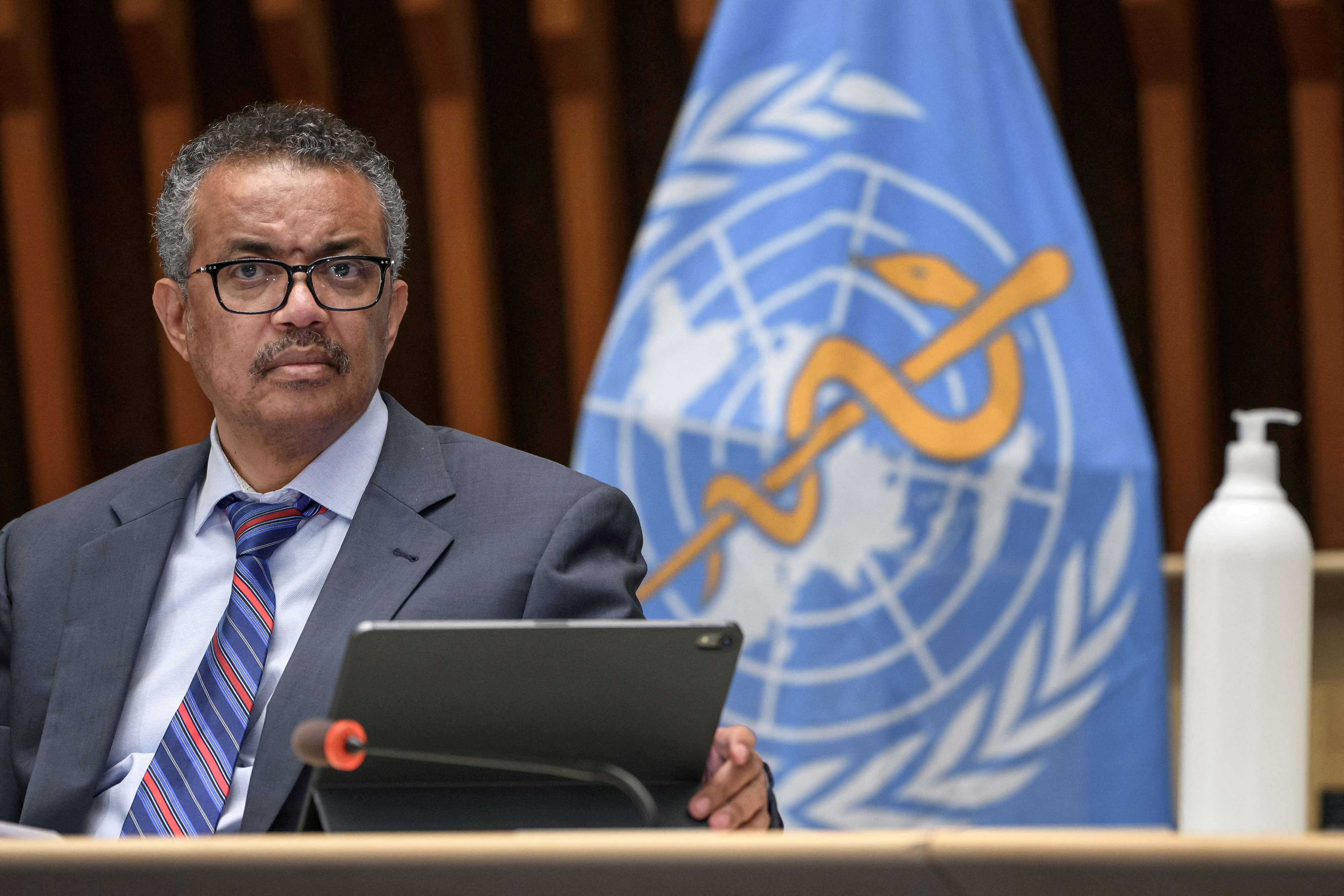 World Health Organization Director-General Tedros Adhanom Ghebreyesus attends a news conference in Geneva