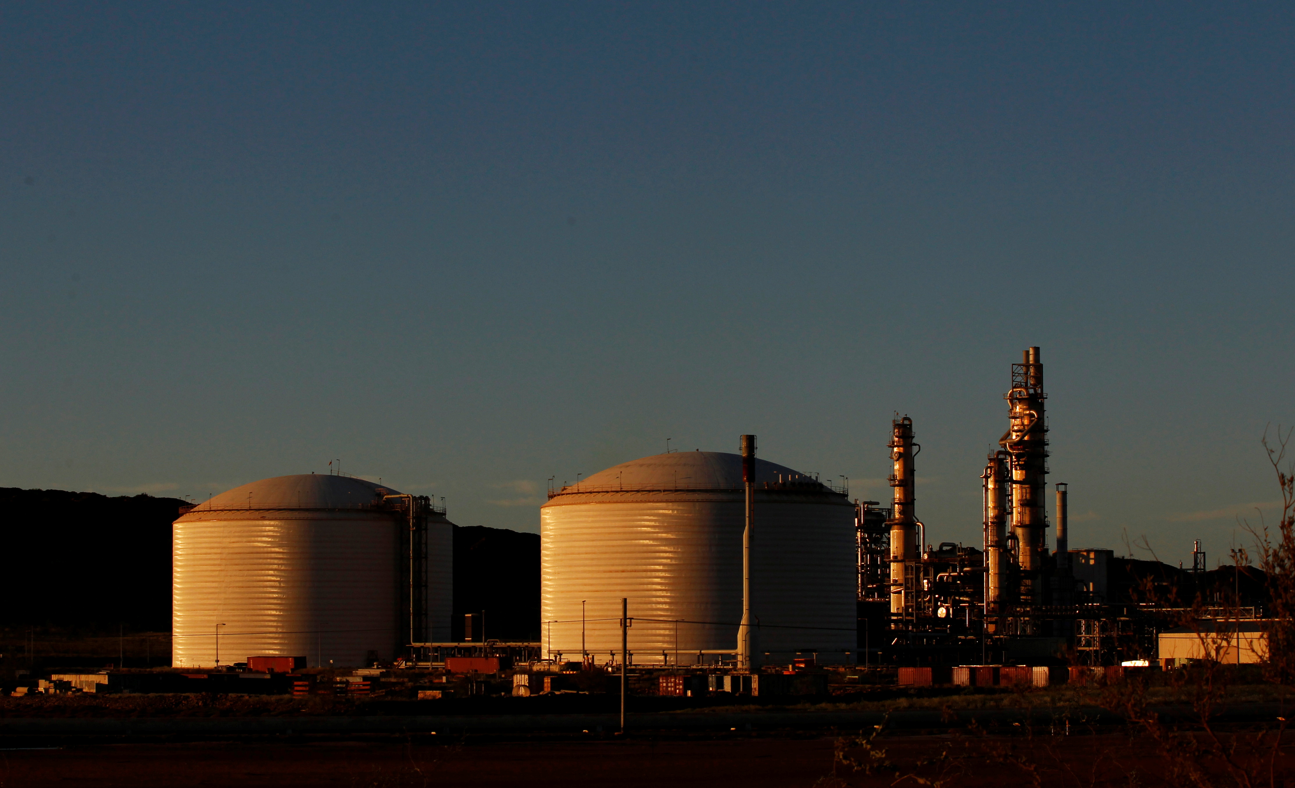 The Woodside gas plant is seen at sunset in Burrup at the Pilbara region in Western Australia