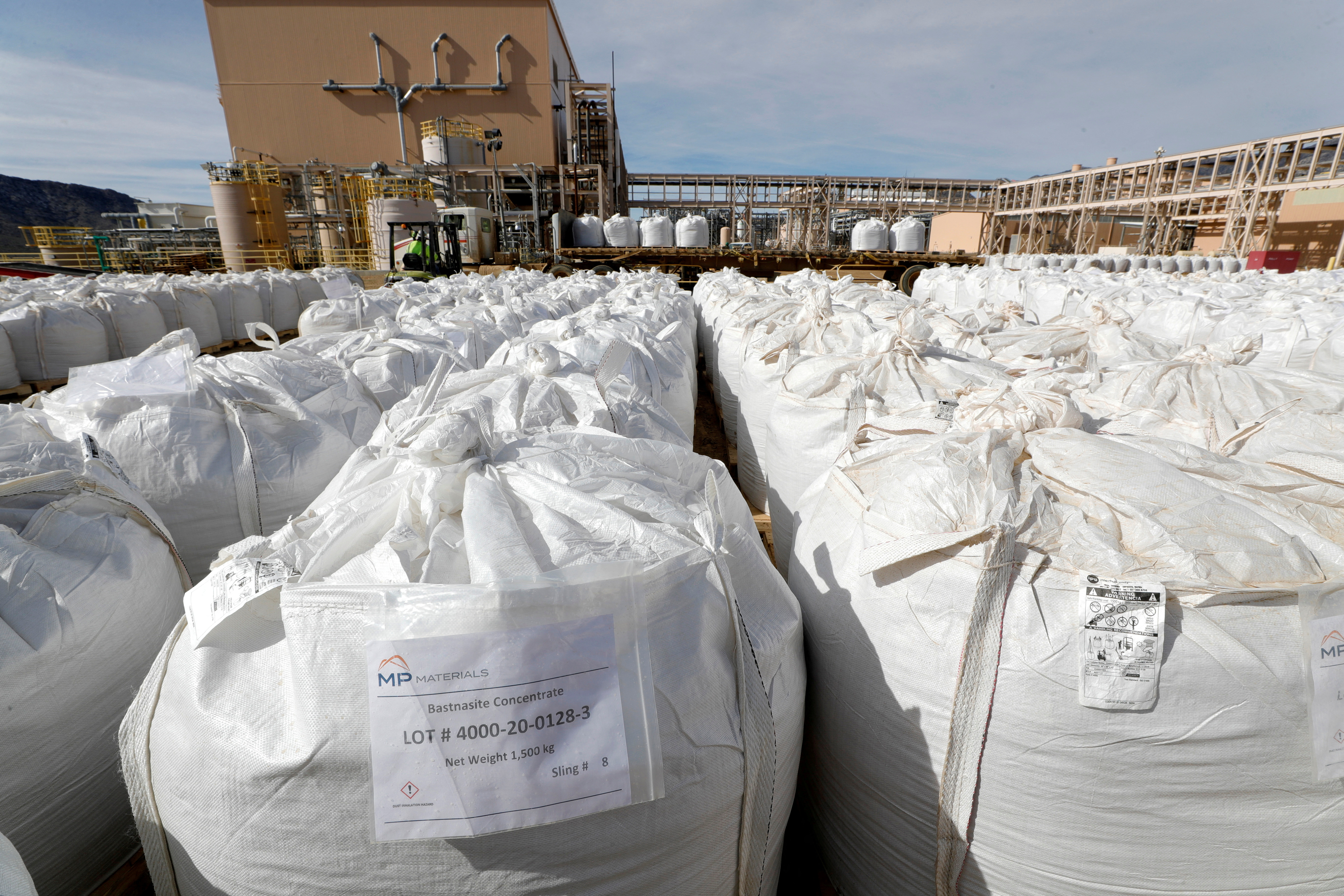 A shipping area is filled with 1,500 kg bags of bastnasite concentrate at the MP Materials rare earth mine in Mountain Pass