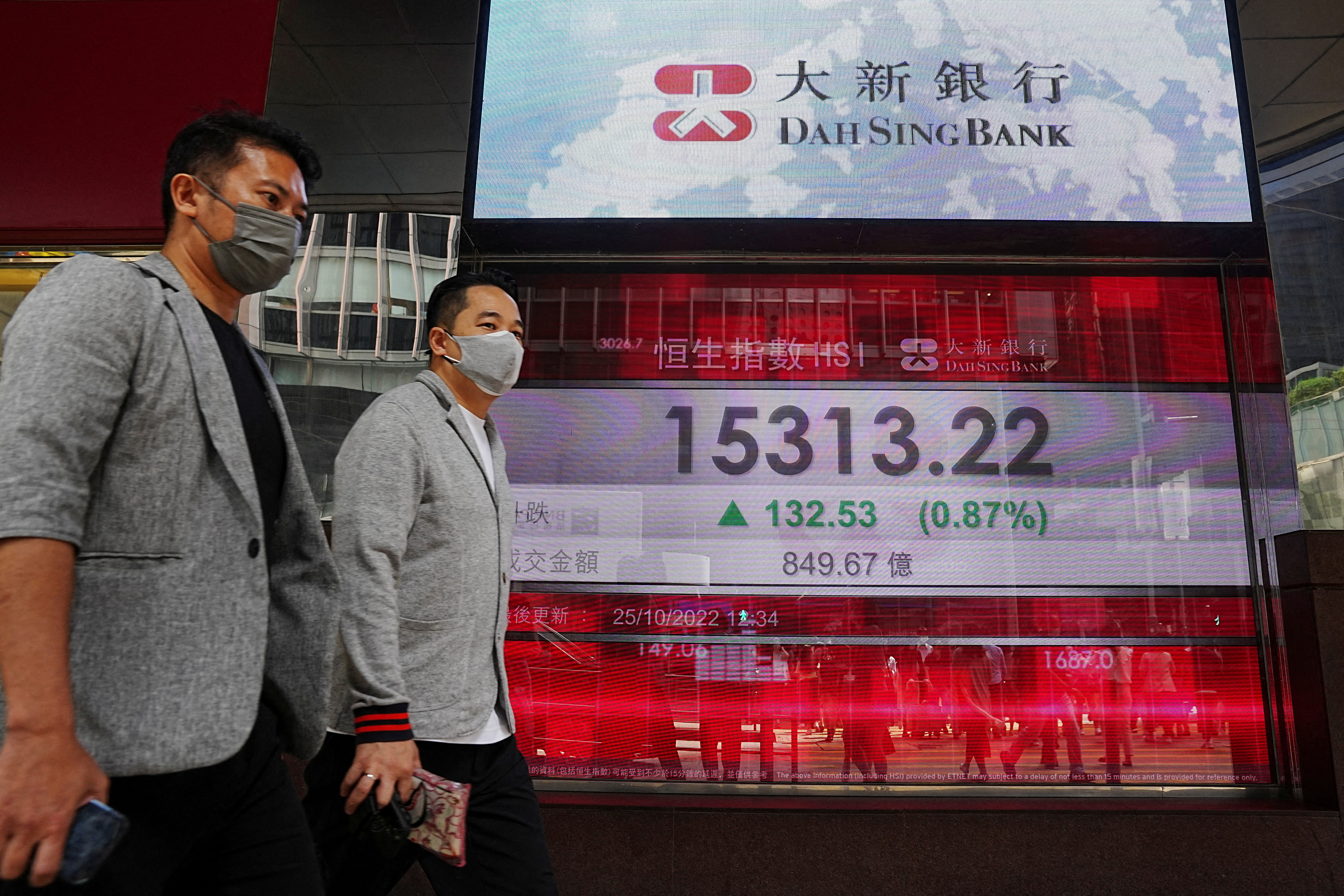 People walk past a screen displaying the Hang Seng stock index at Central district, in Hong Kong