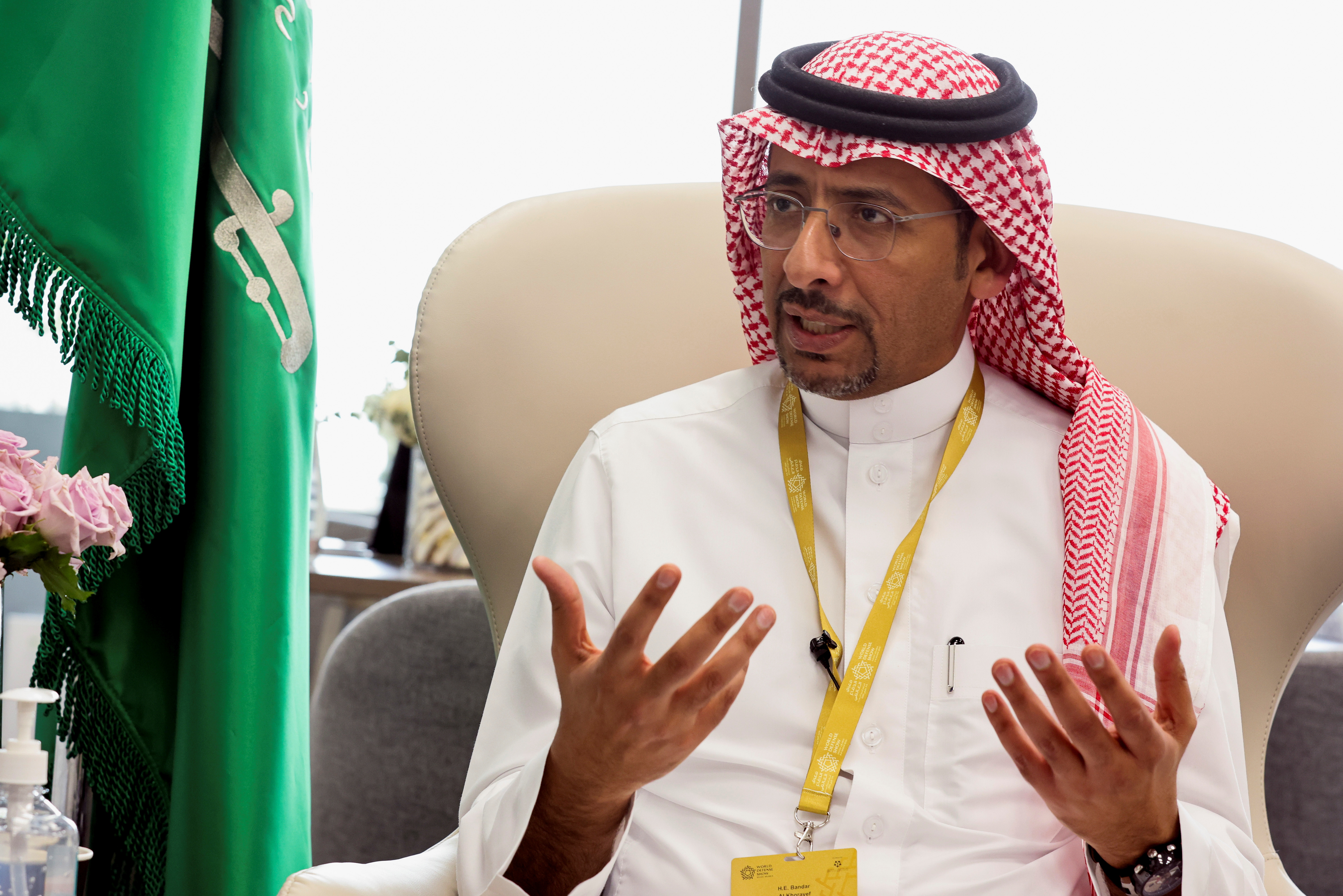 Saudi Arabia’s Mining and Industry Minister, Bandar Al-Khorayef, speaks to the media at World Defense Show in Riyadh