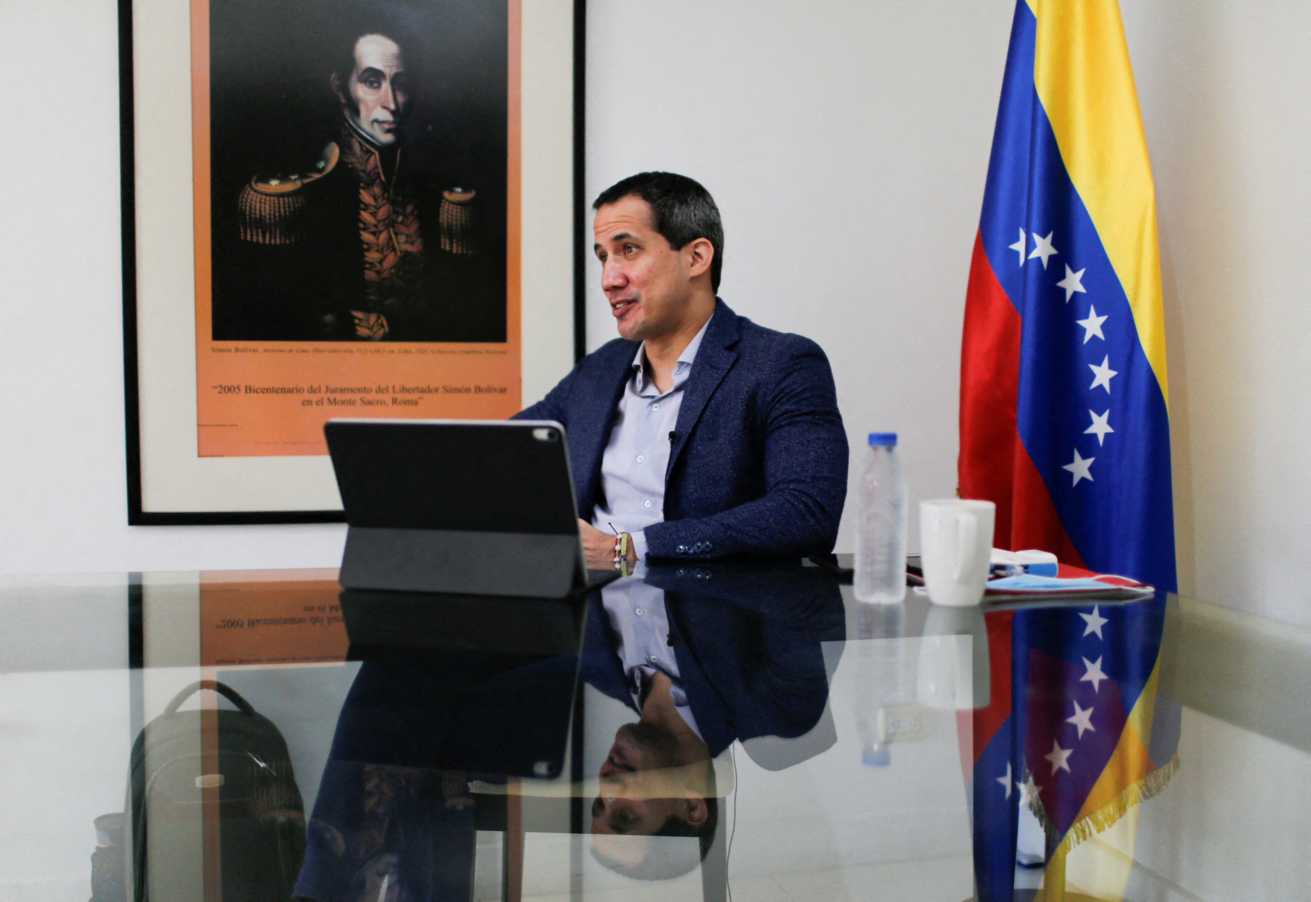 Venezuelan opposition leader Juan Guaido speaks during an interview with Reuters