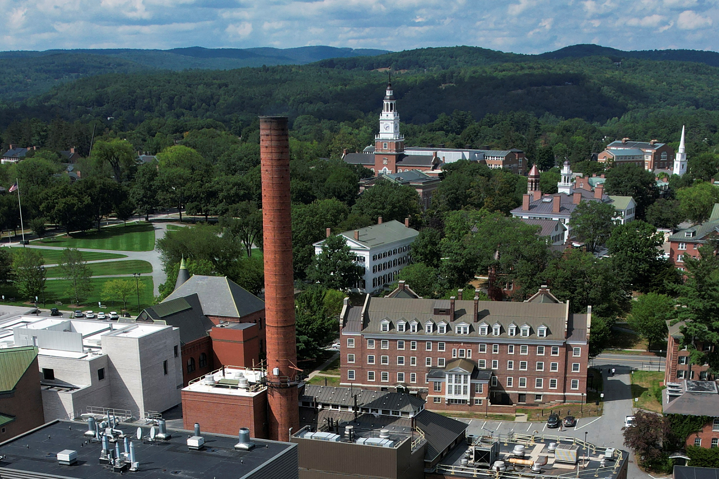 A chimney stack rises out of Dartmouth College's Heating Plant in Hanover