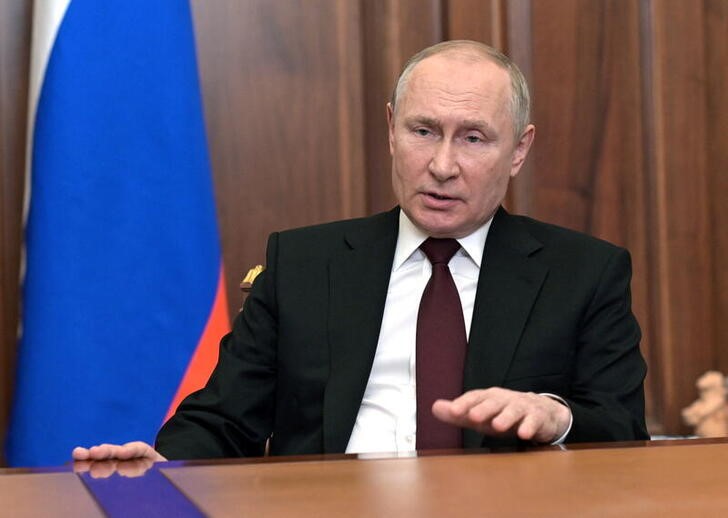Russian President Vladimir Putin delivers a video address to the nation in Moscow