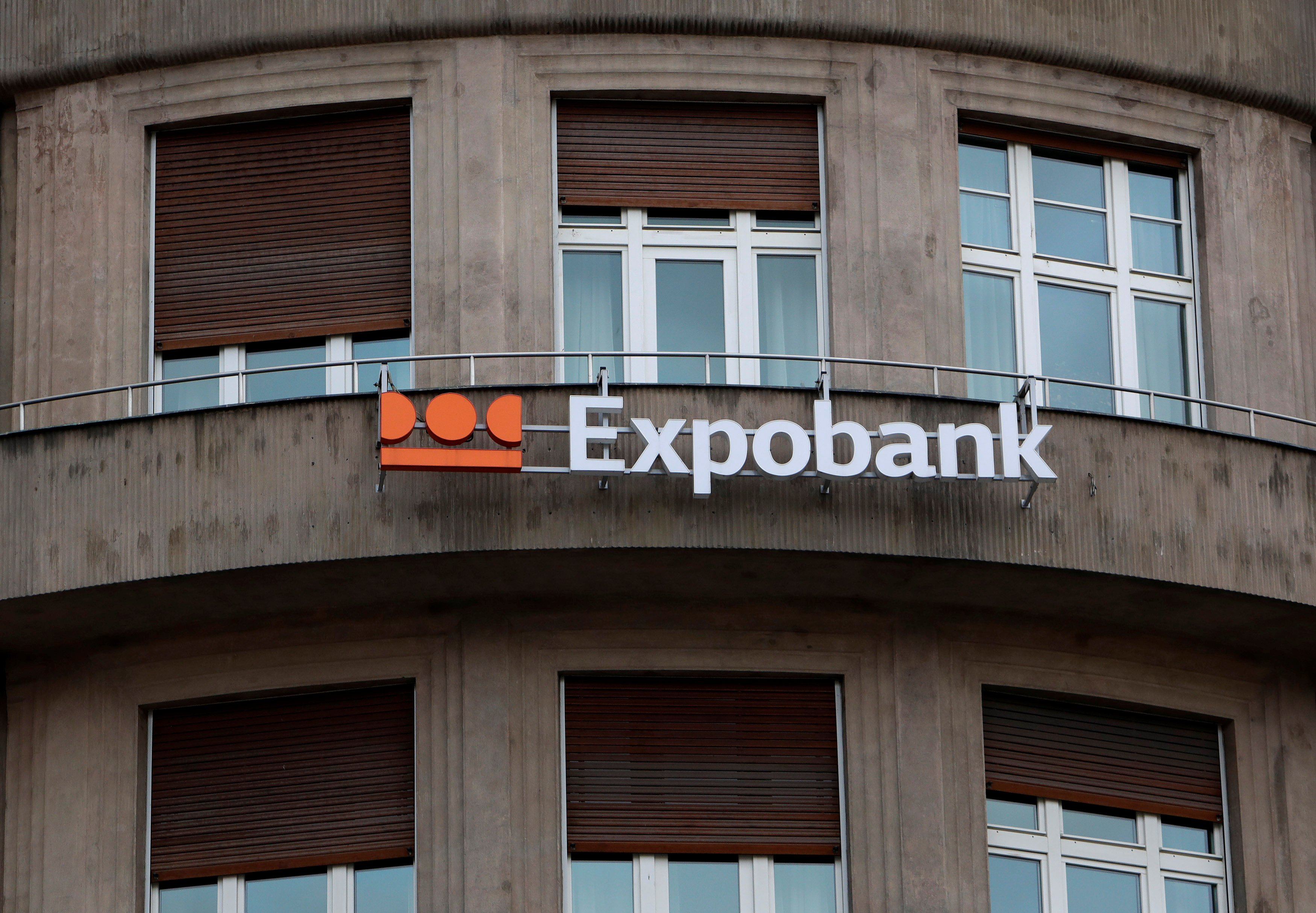 The logo of Expobank is seen on a building in Prague