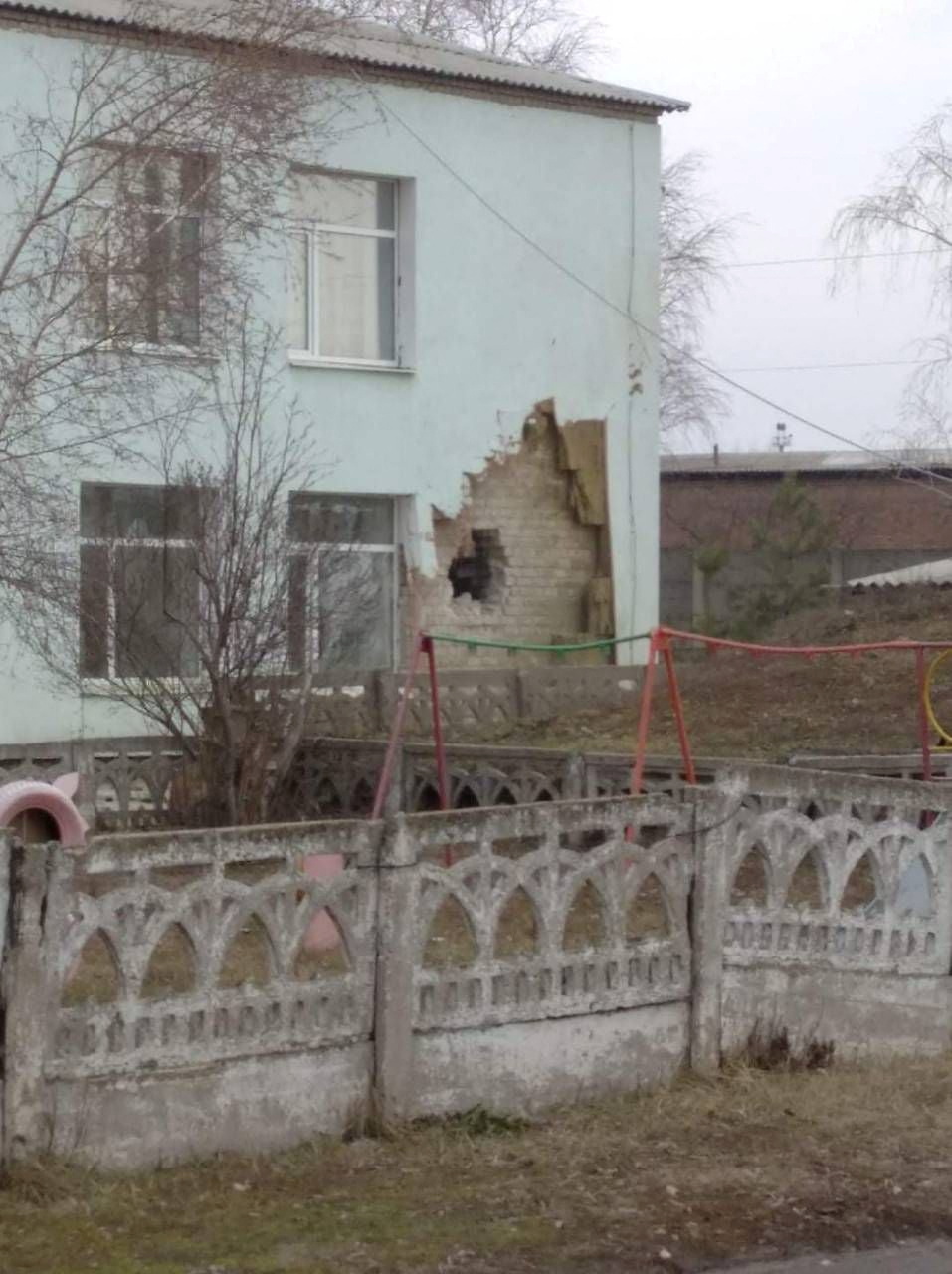 A view shows a damaged kindergarten in Stanytsia Luhanska
