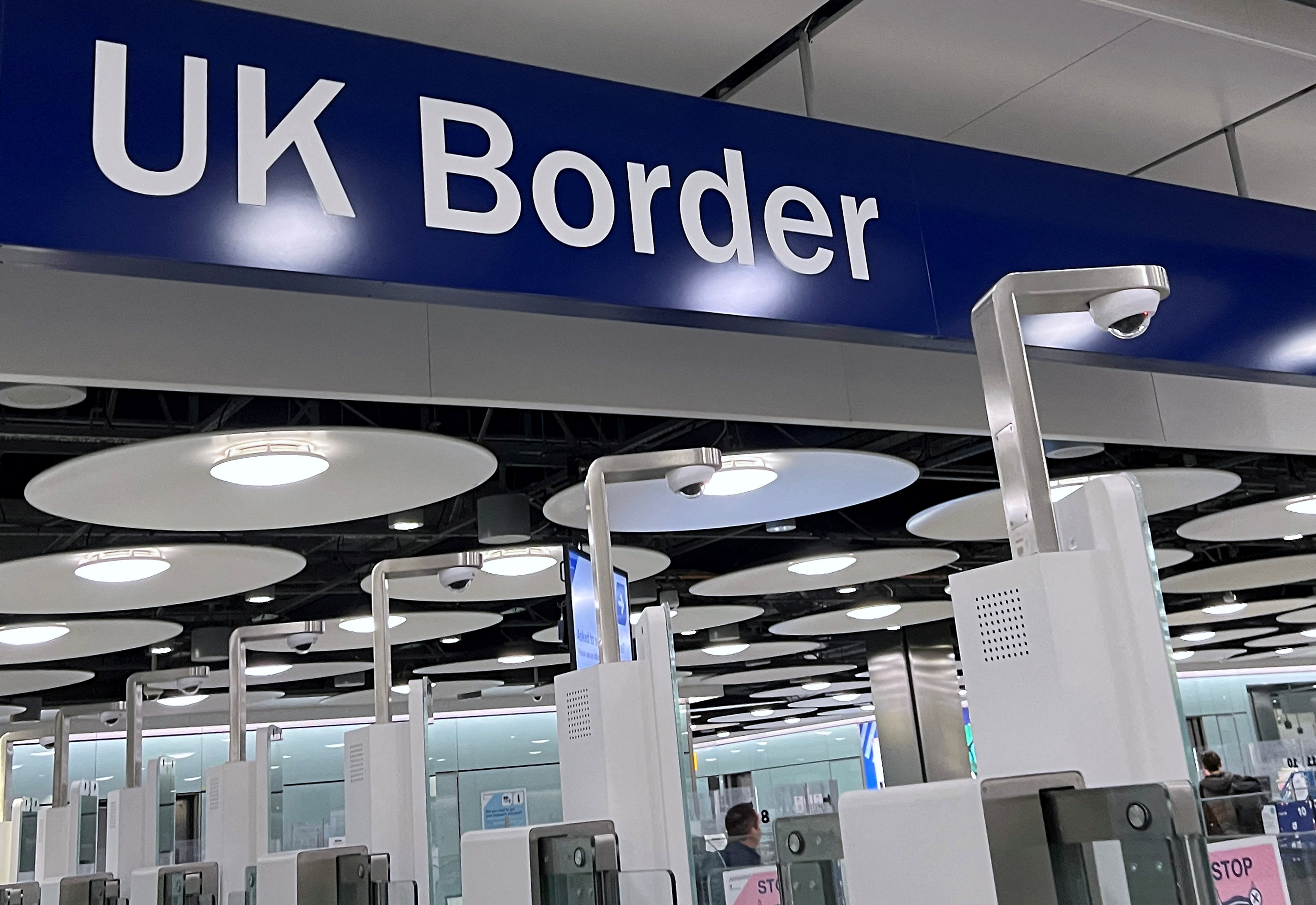 A sign is seen at passport control area of Terminal 5, at Heathrow Airport, London