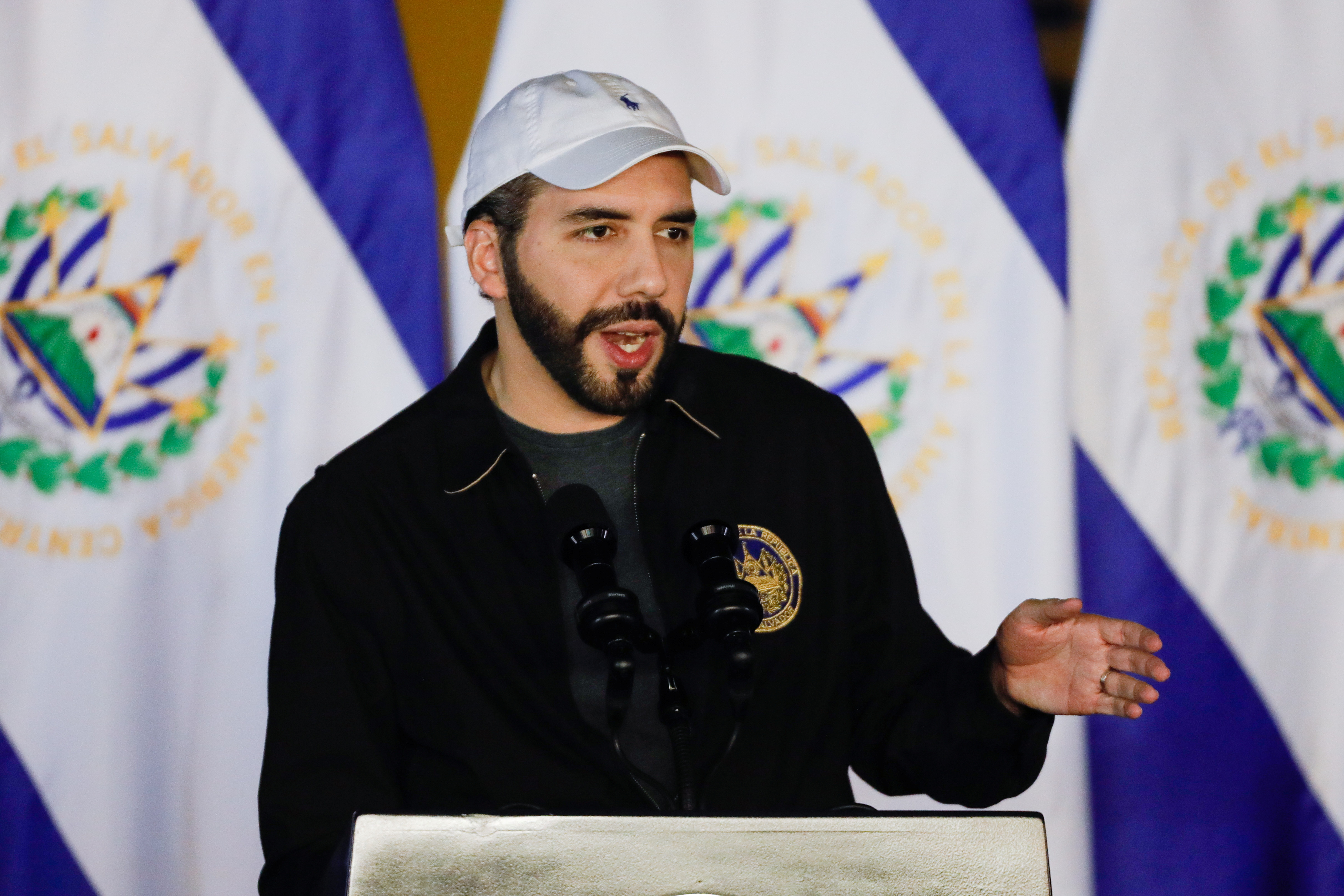 El Salvador's President Nayib Bukele speaks during a ceremony to lay the first stone of Chivo Vet, a veterinary hospital financed with the gains El Salvador has obtained from its bitcoin operations, in Antiguo Cuscatlan, El Salvador November 1, 2021. REUTERS/Jose Cabezas