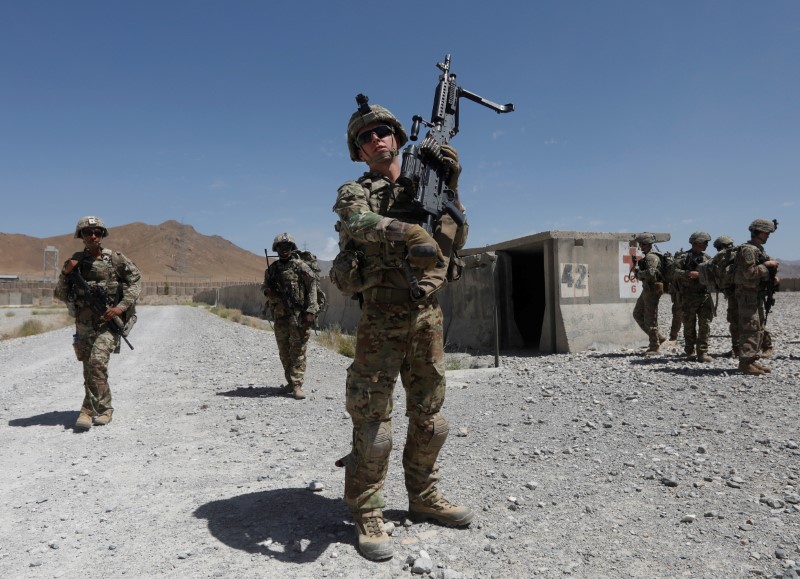 U.S. troops patrol at an Afghan National Army (ANA) base in Logar province, Afghanistan