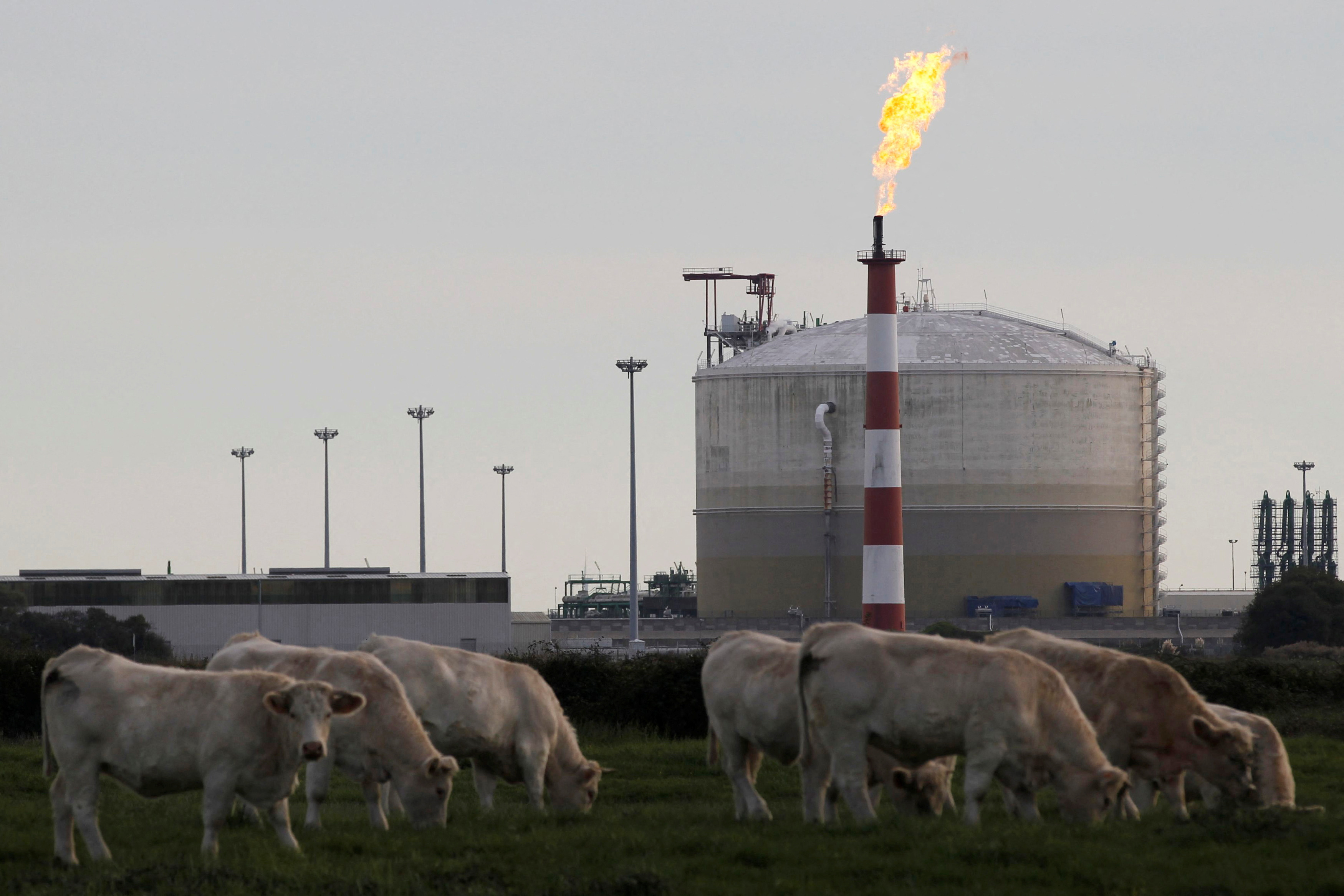 A flame burns methane gas to clean out pipelines at the empty terminal in Montoir-de-Bretagne