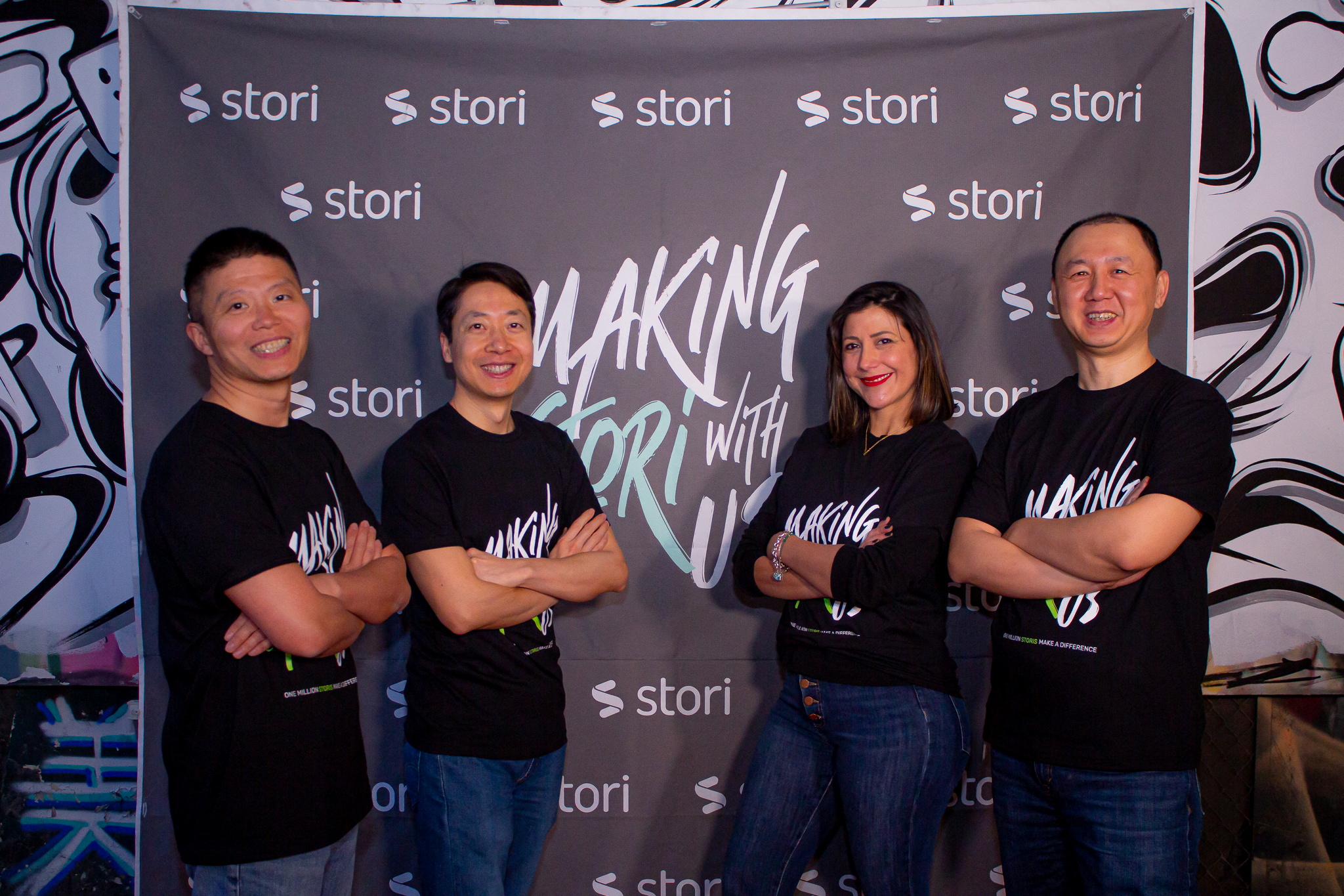 Stori's Sherman He, Bin Chen, Marlene Garayzar and Gy Liu pose for a photo during an event to mark the 1 million clients of Stori, in Mexico City