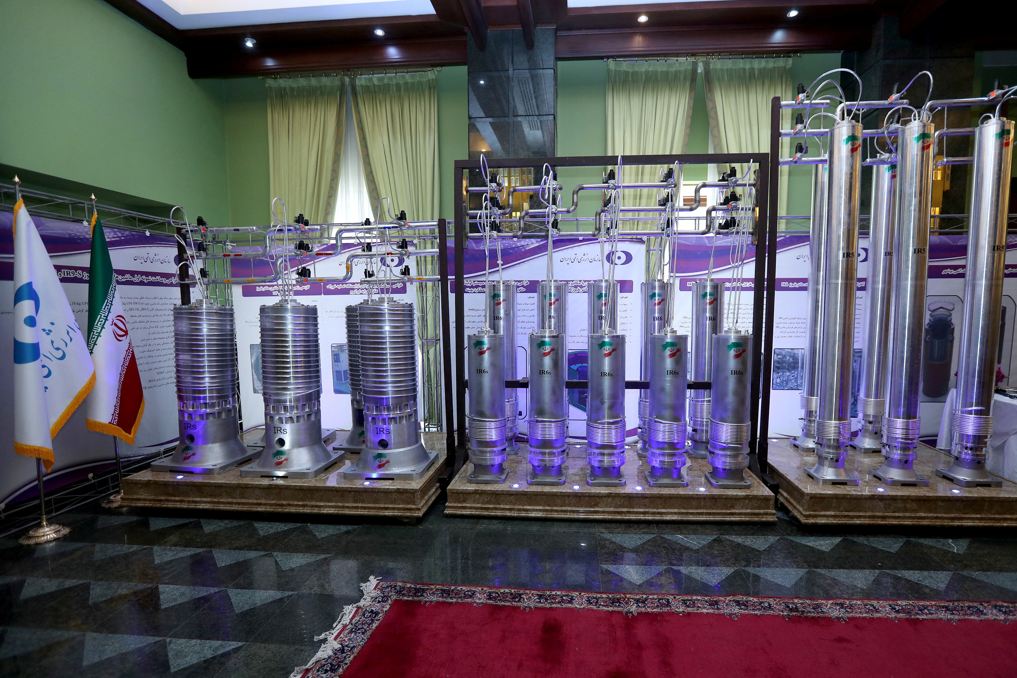 A number of new generation Iranian centrifuges are seen on display during Iran's National Nuclear Energy Day in Tehran